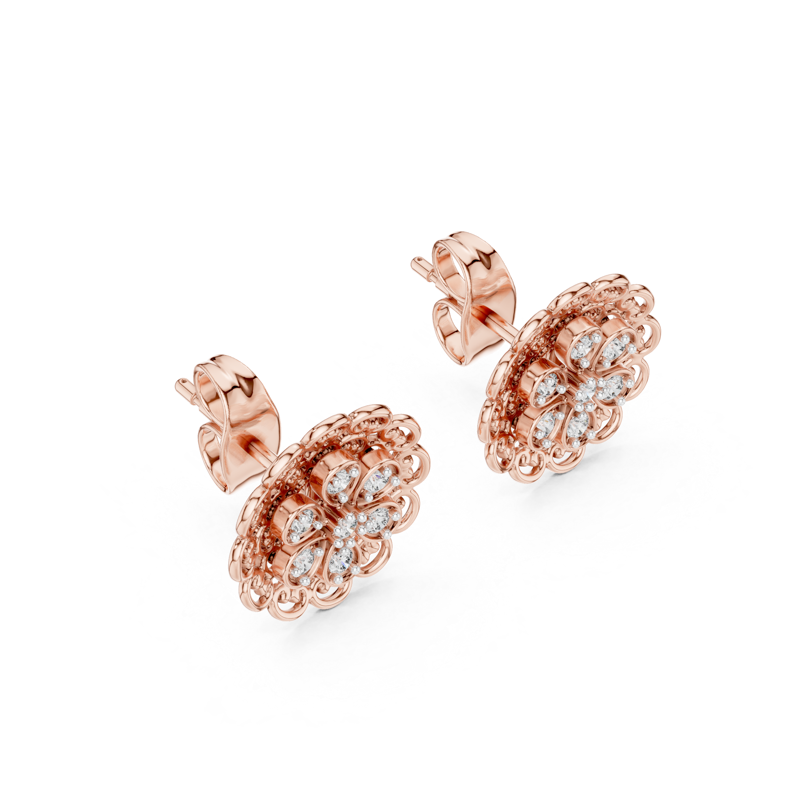 Vintage Floral Diamond Filigree Gold Stud Earrings