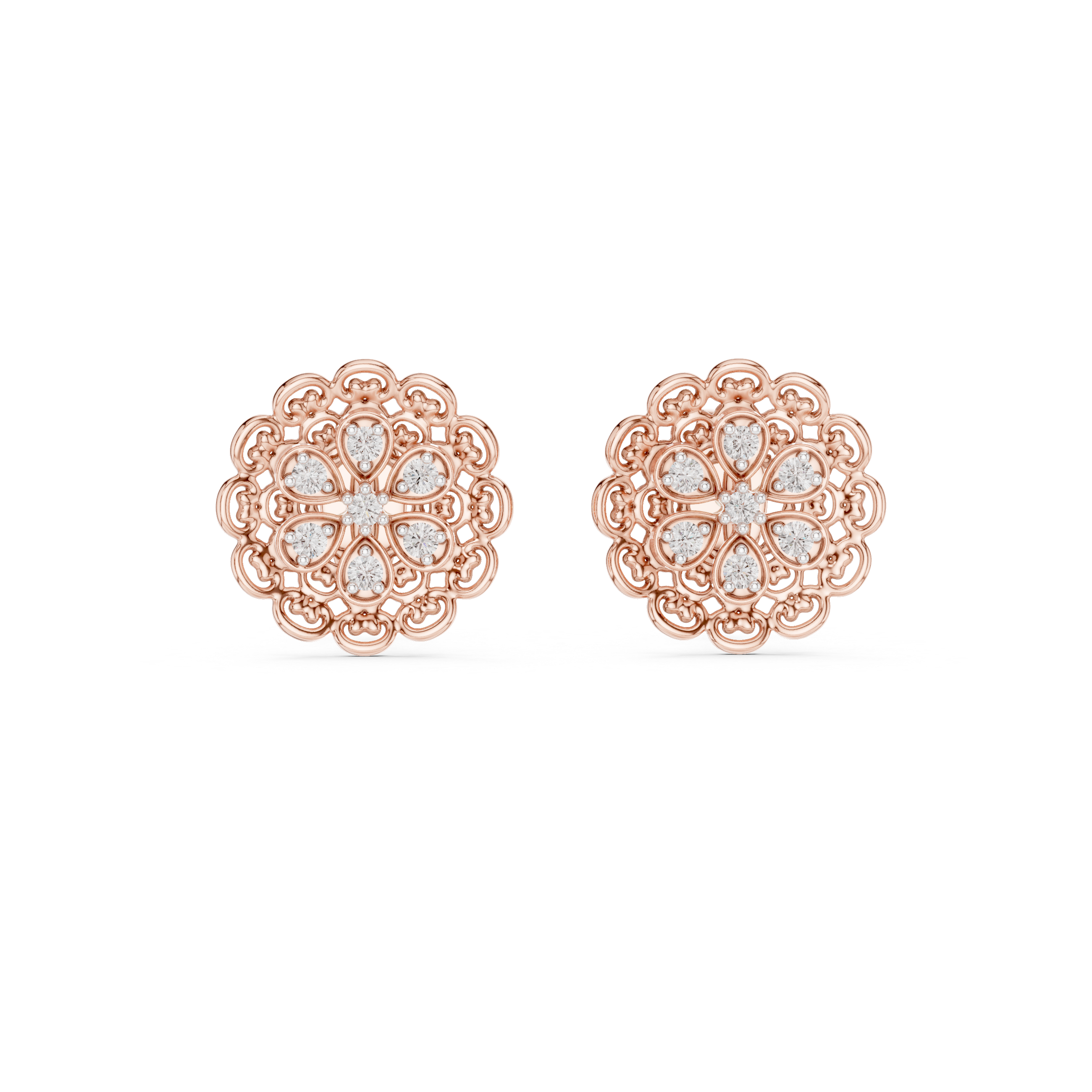 Vintage Floral Diamond Filigree Gold Stud Earrings