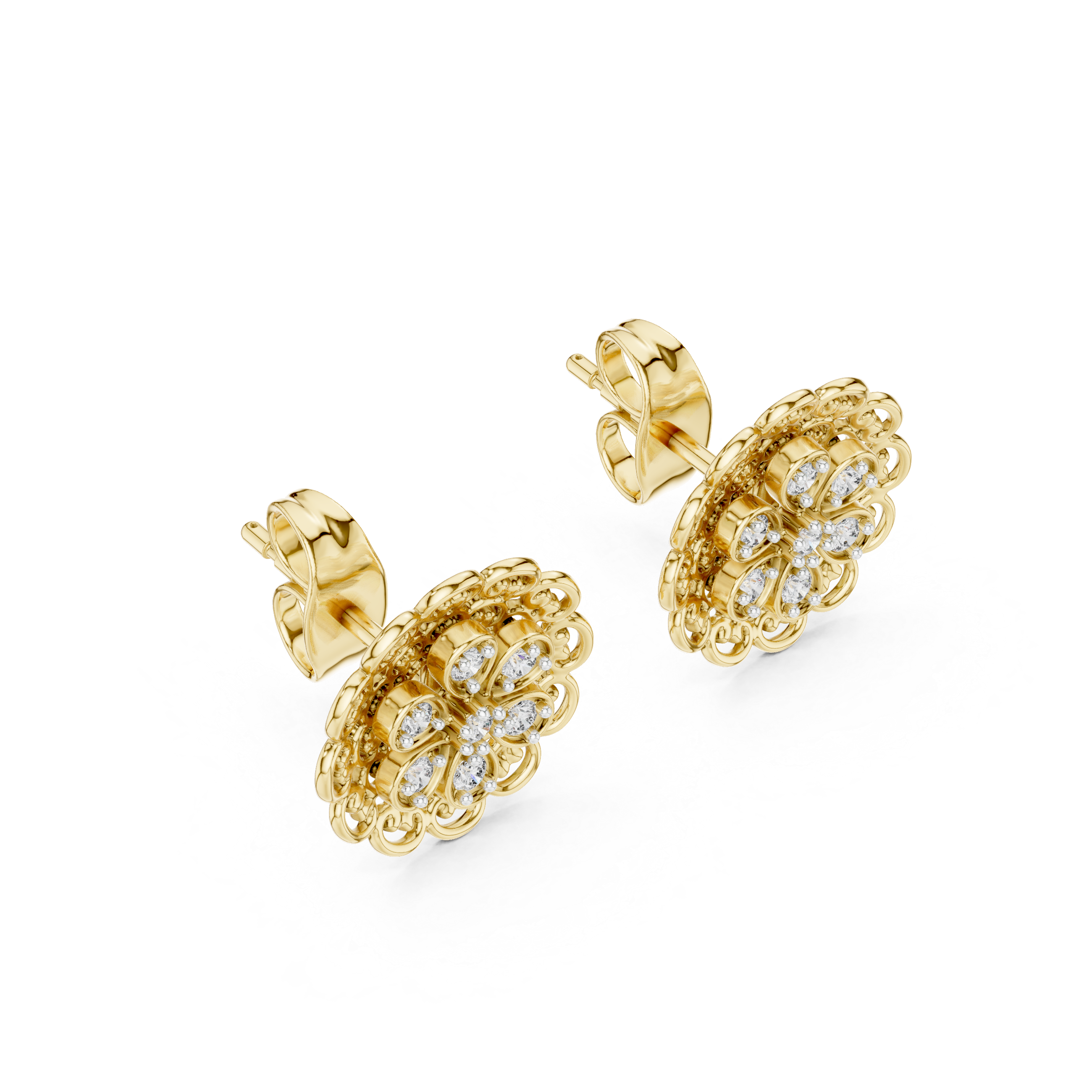 Vintage Floral Diamond Filigree Gold Stud Earrings