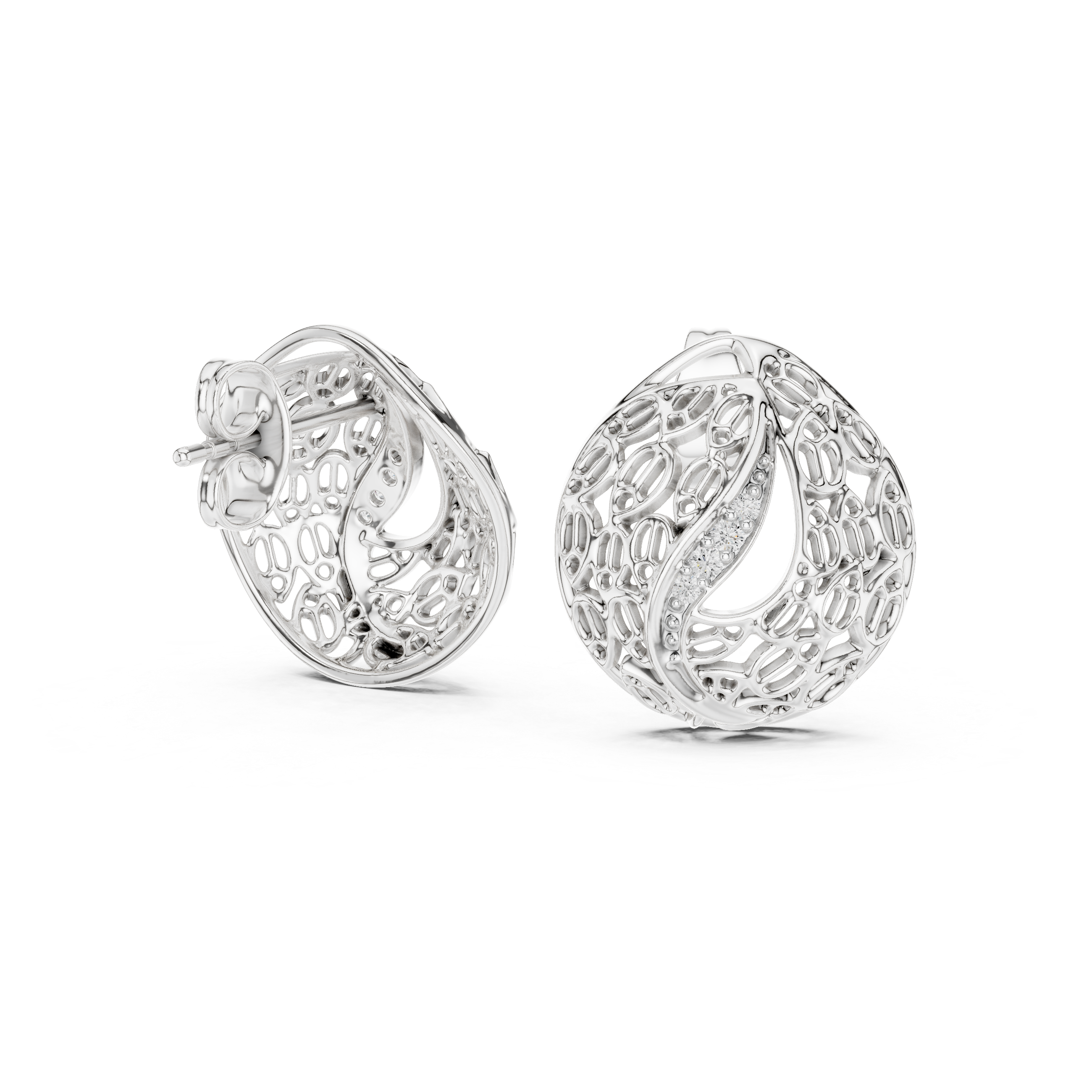 Modern Filigree Dome Diamond Stud Earrings
