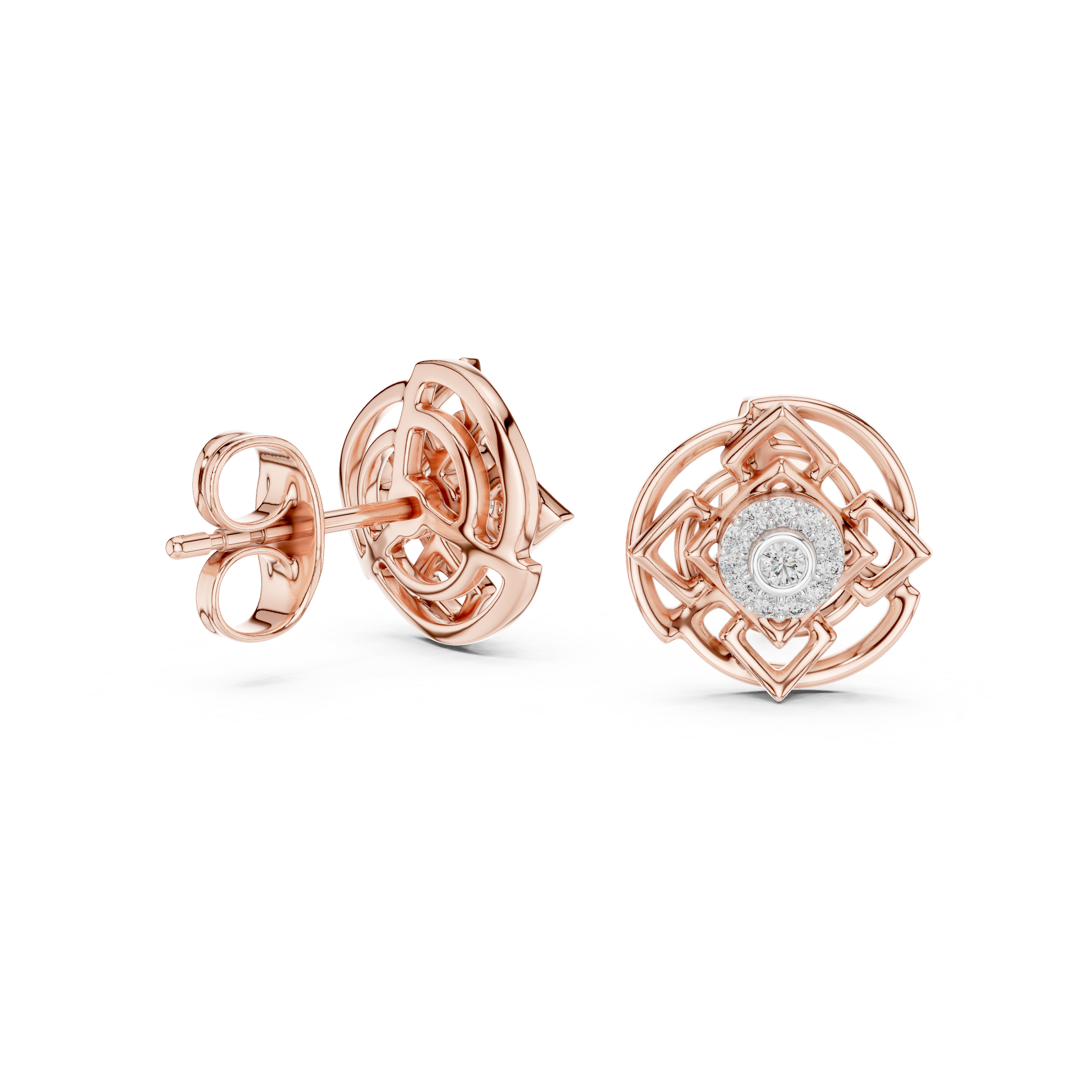 Geometric Halo Diamond Stud Earrings