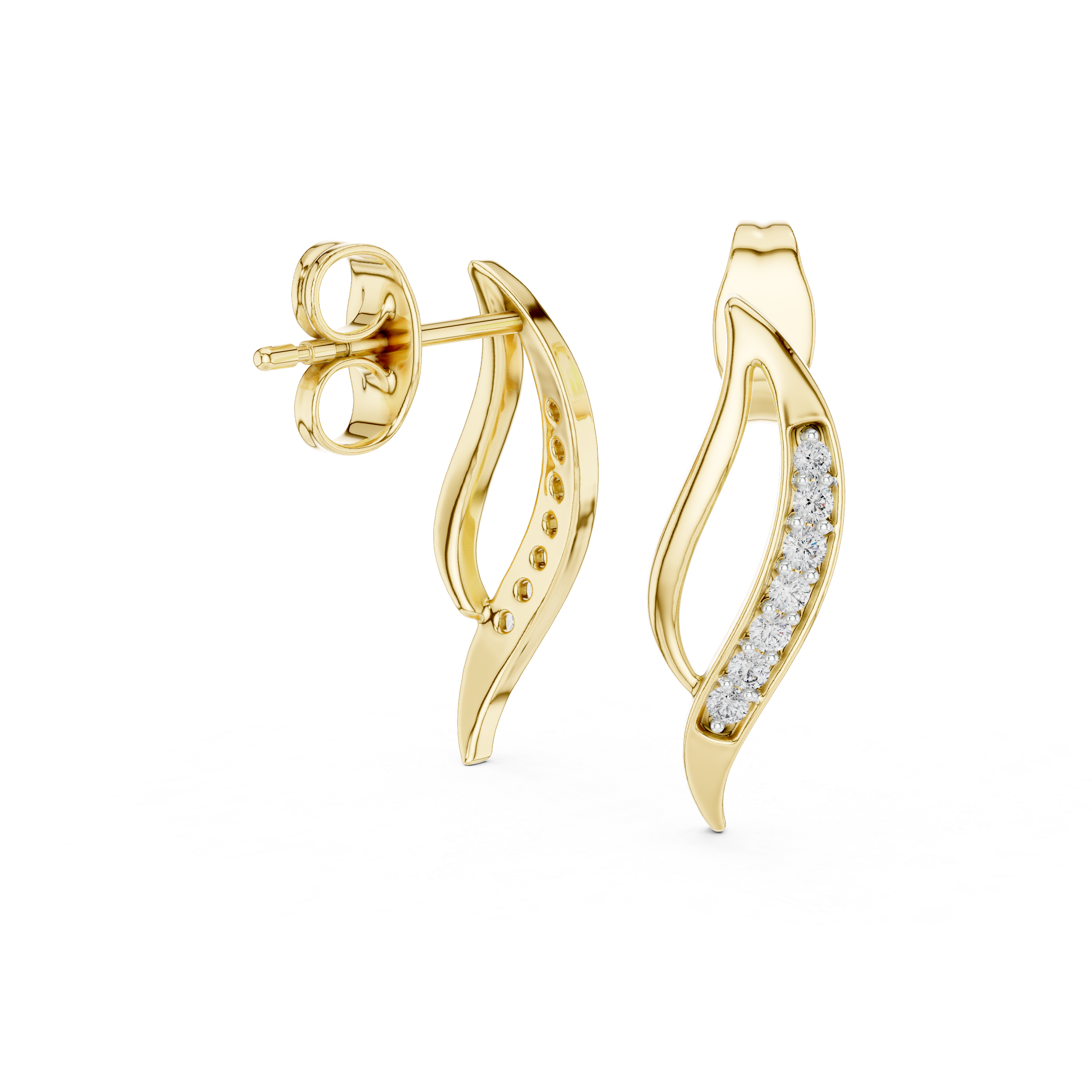 Curved Pavé Diamond Wave Stud Earrings in Gold