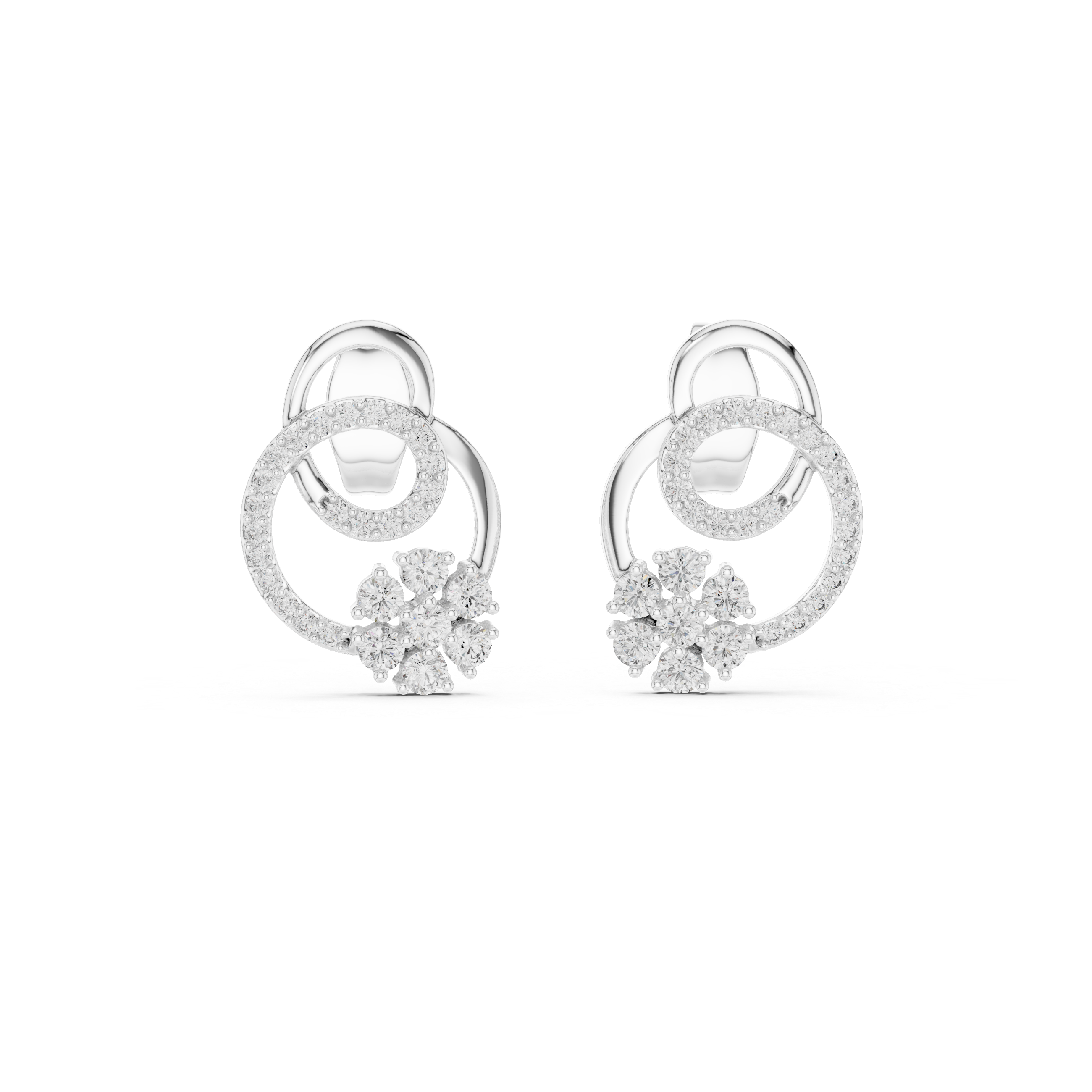 Interlocking Circle Diamond Stud Earrings with Floral Cluster Accent