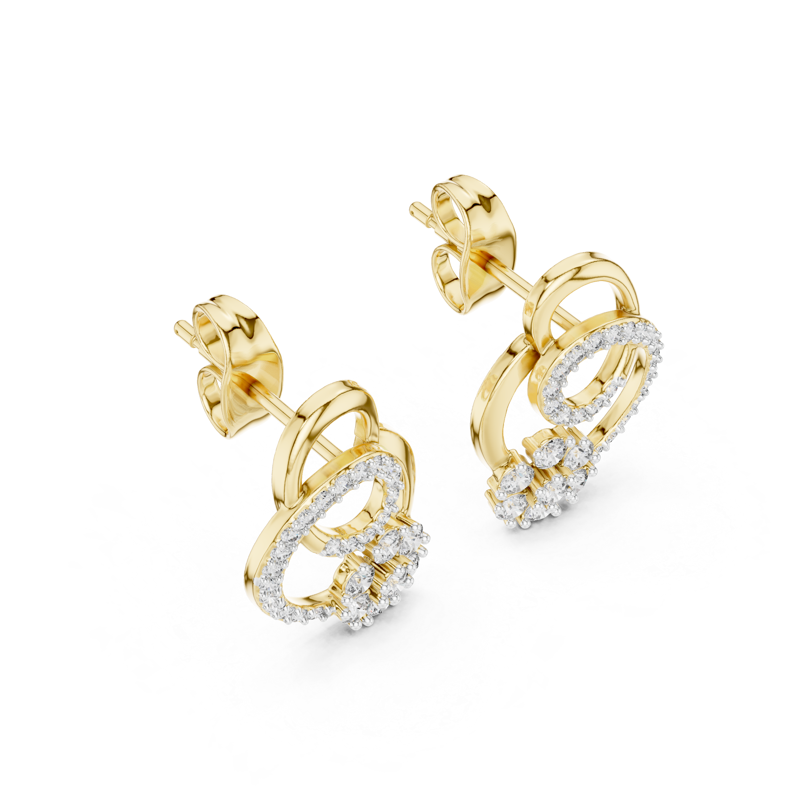 Interlocking Circle Diamond Stud Earrings with Floral Cluster Accent