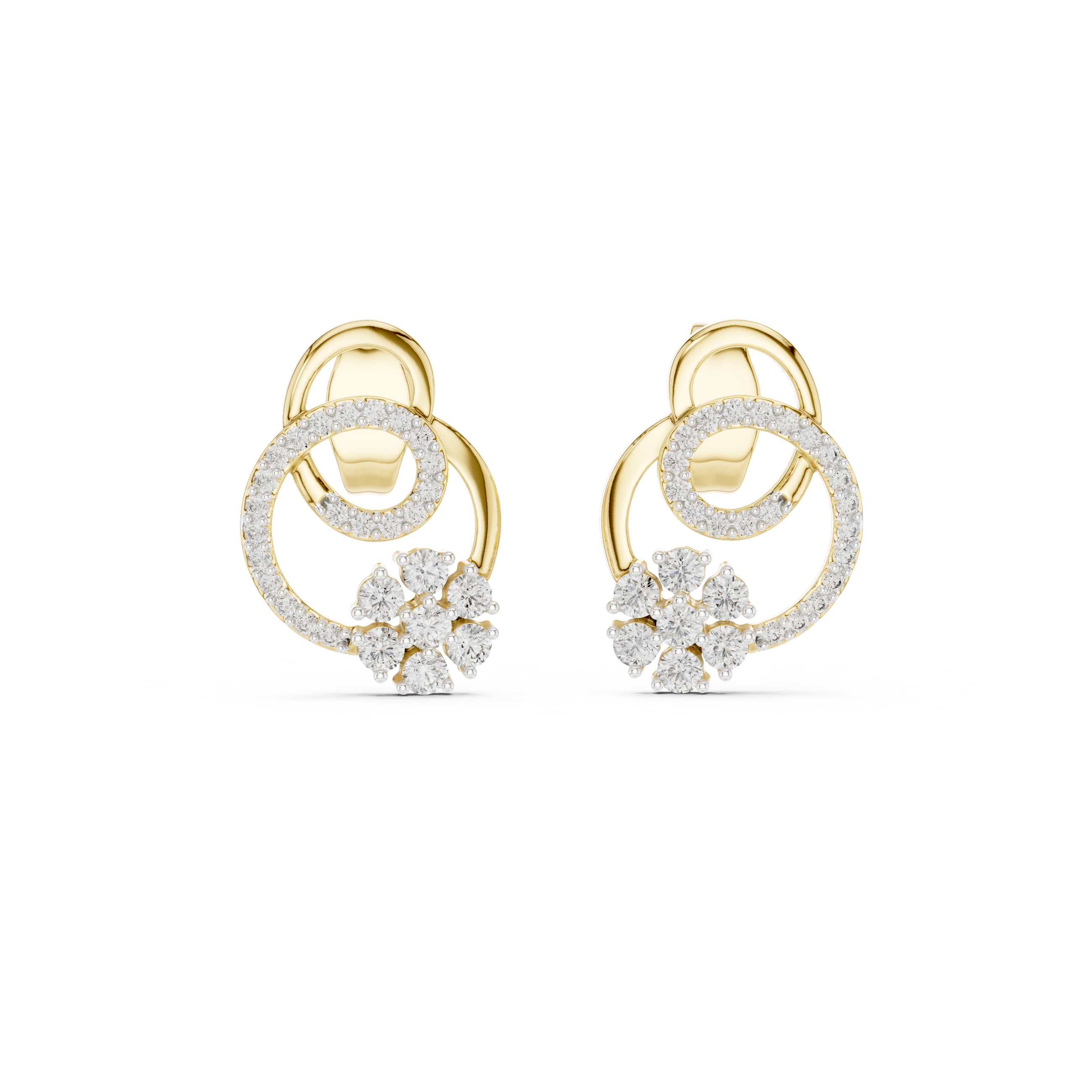 Interlocking Circle Diamond Stud Earrings with Floral Cluster Accent
