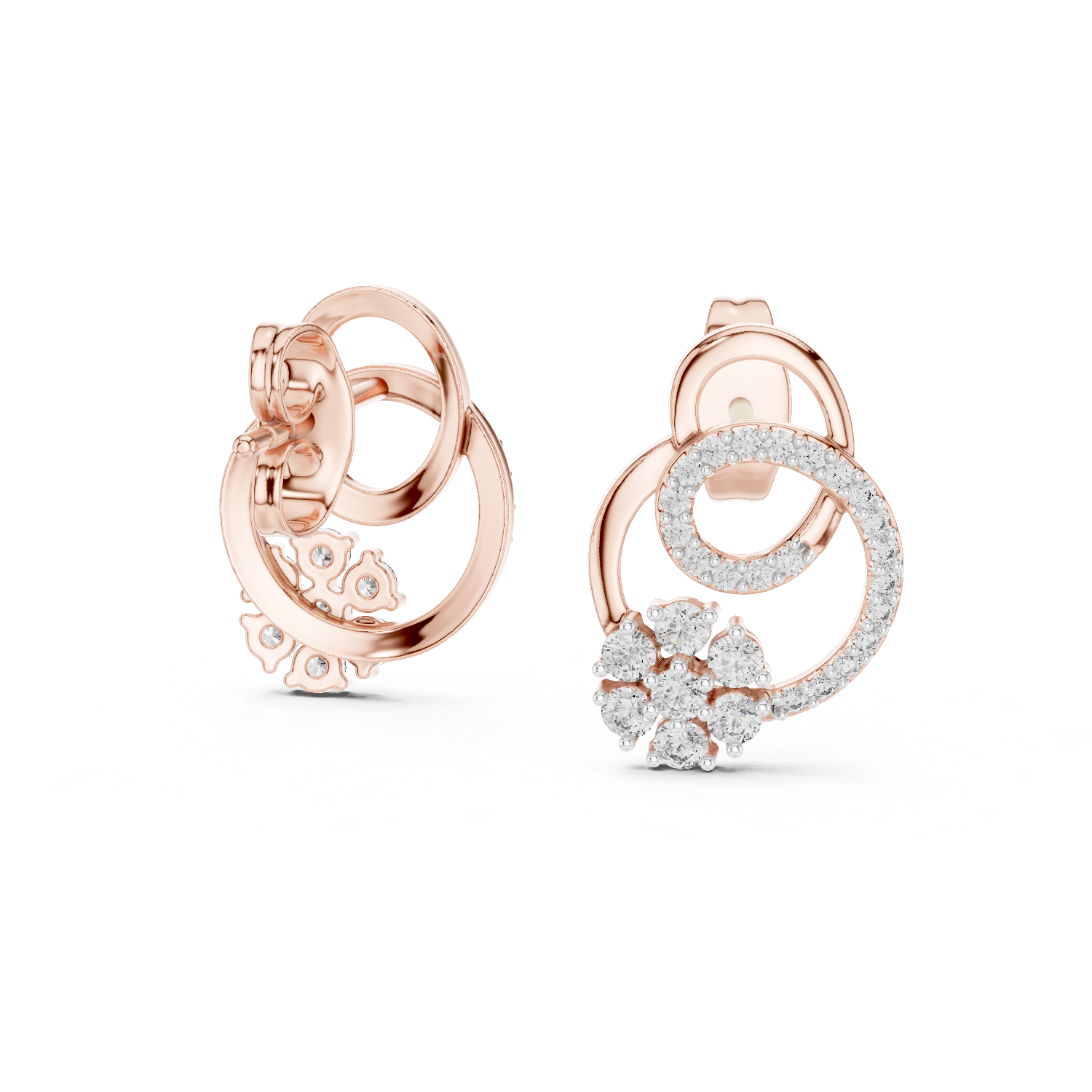 Interlocking Circle Diamond Stud Earrings with Floral Cluster Accent