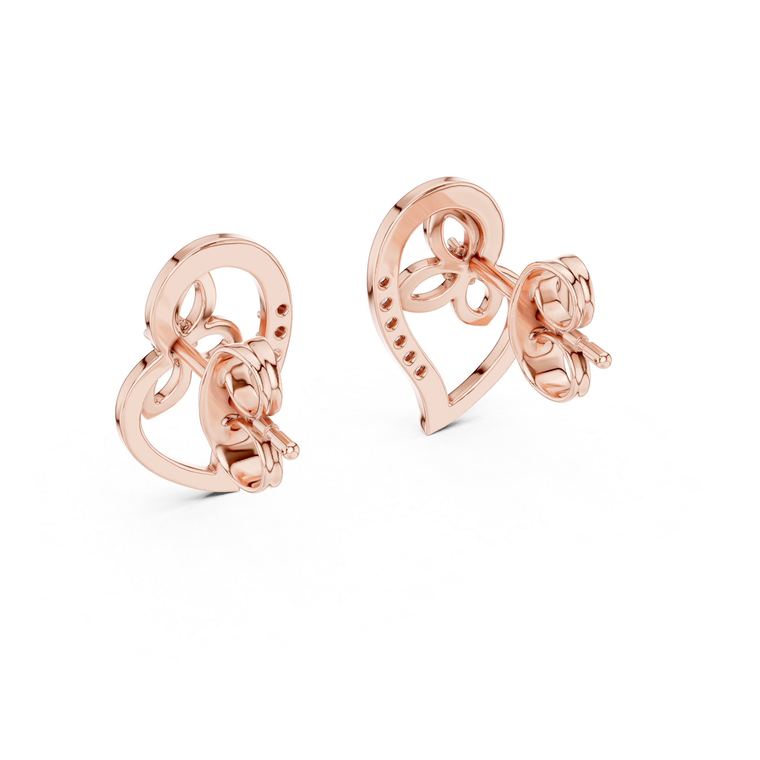 Heart Motif Diamond Stud Earrings – Floral Accent Design