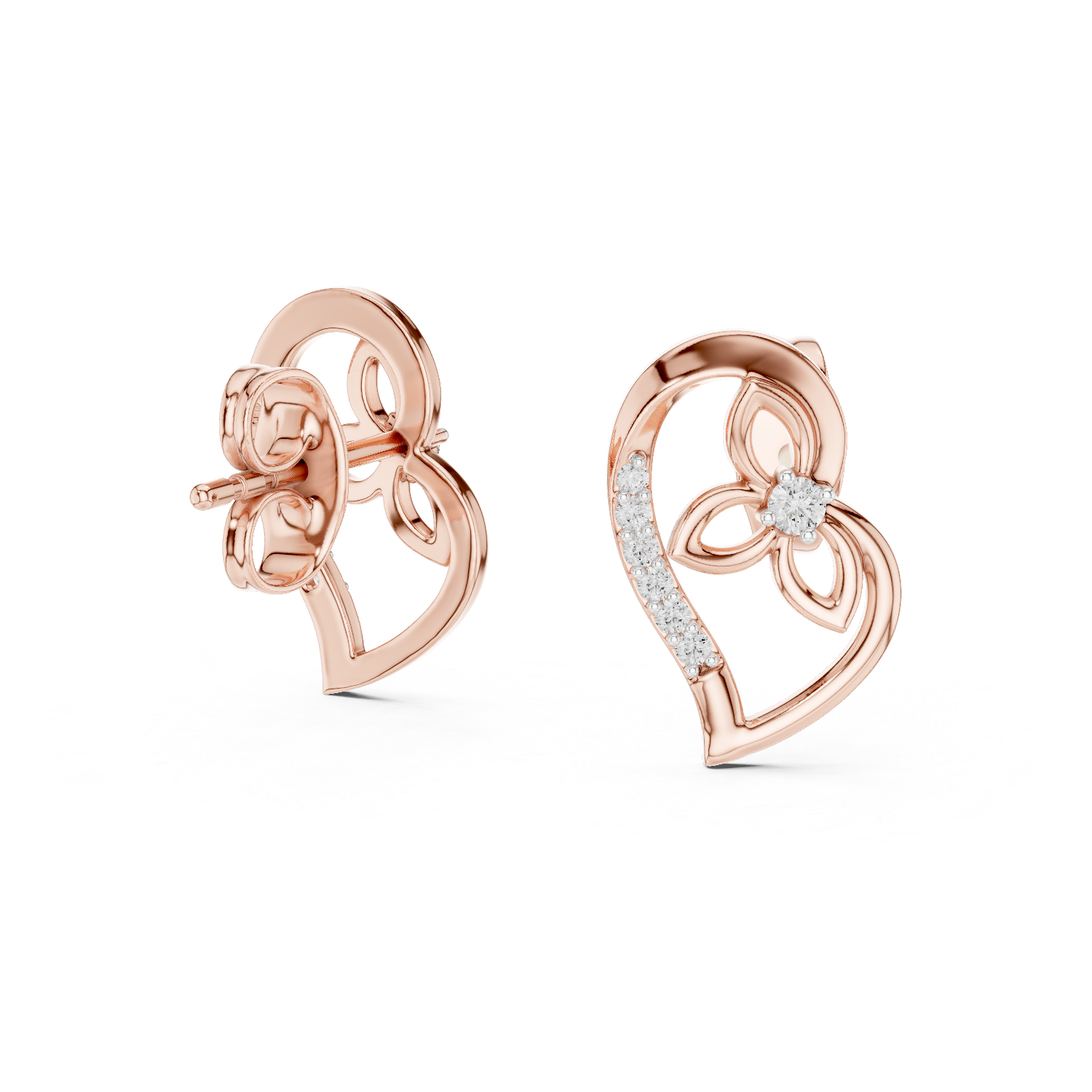 Heart Motif Diamond Stud Earrings – Floral Accent Design