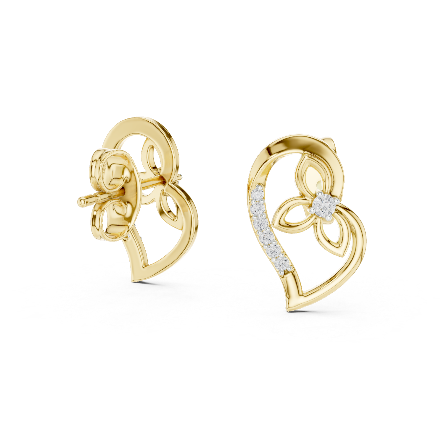 Heart Motif Diamond Stud Earrings – Floral Accent Design