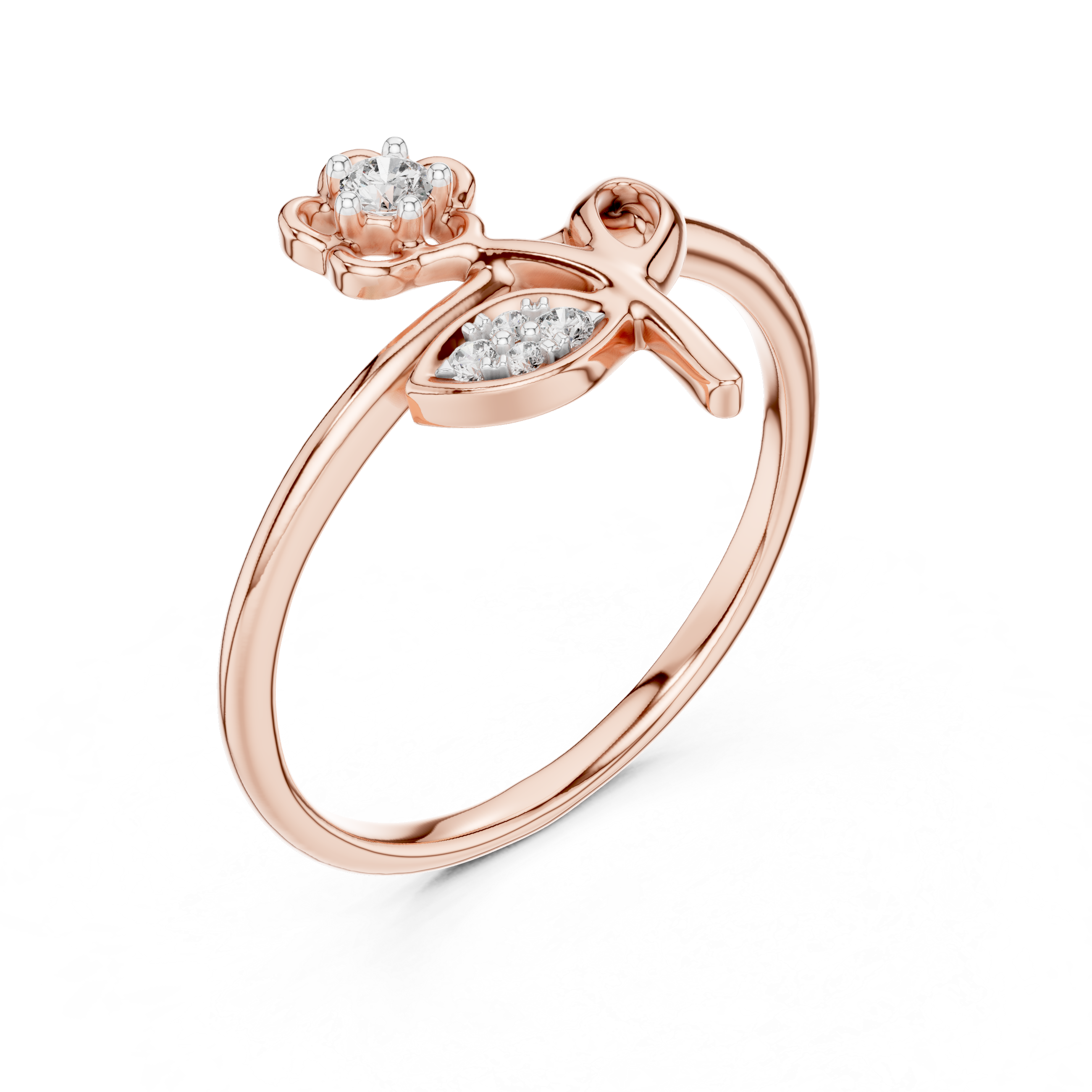 Diamond Flower & Leaf Open Design Ring