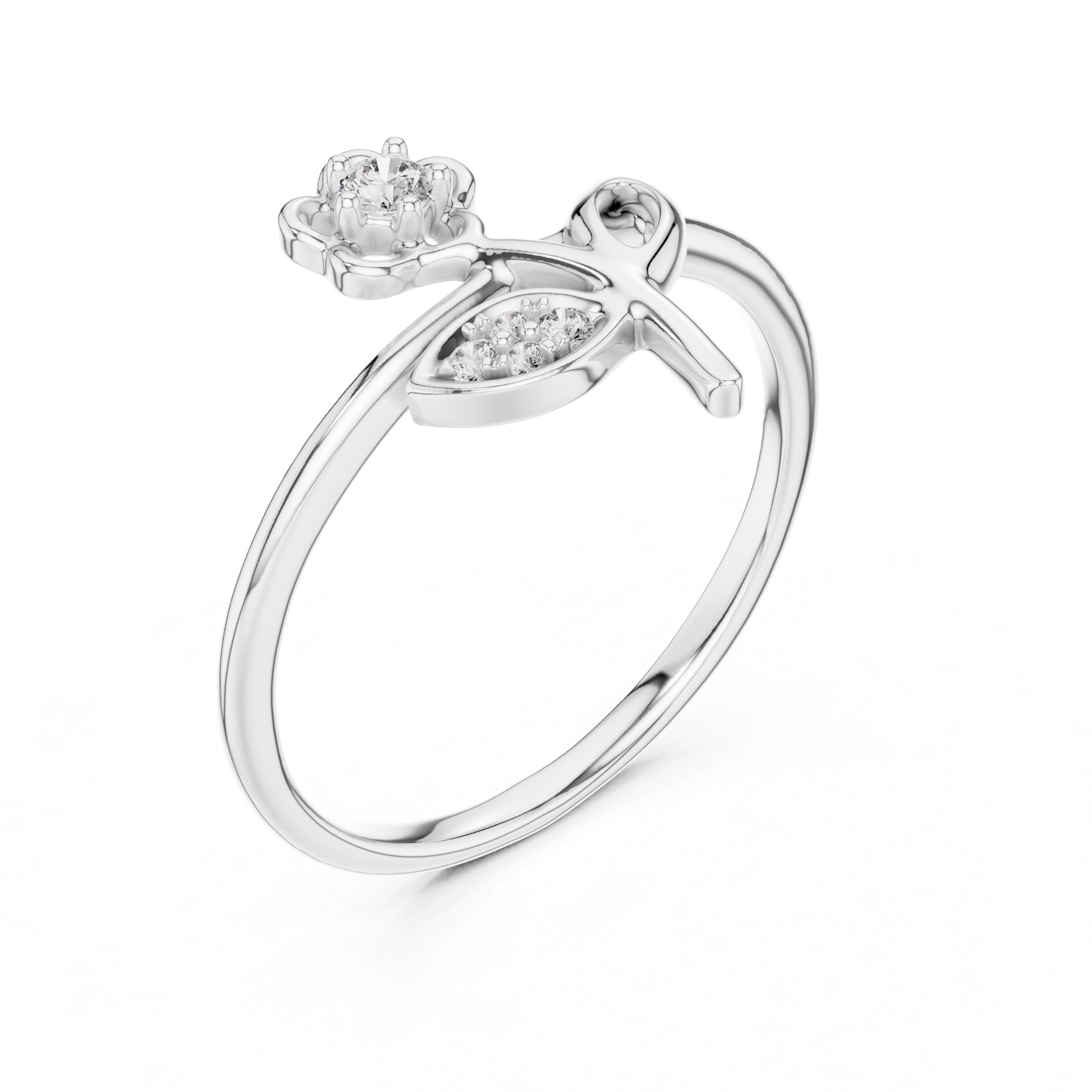 Diamond Flower & Leaf Open Design Ring