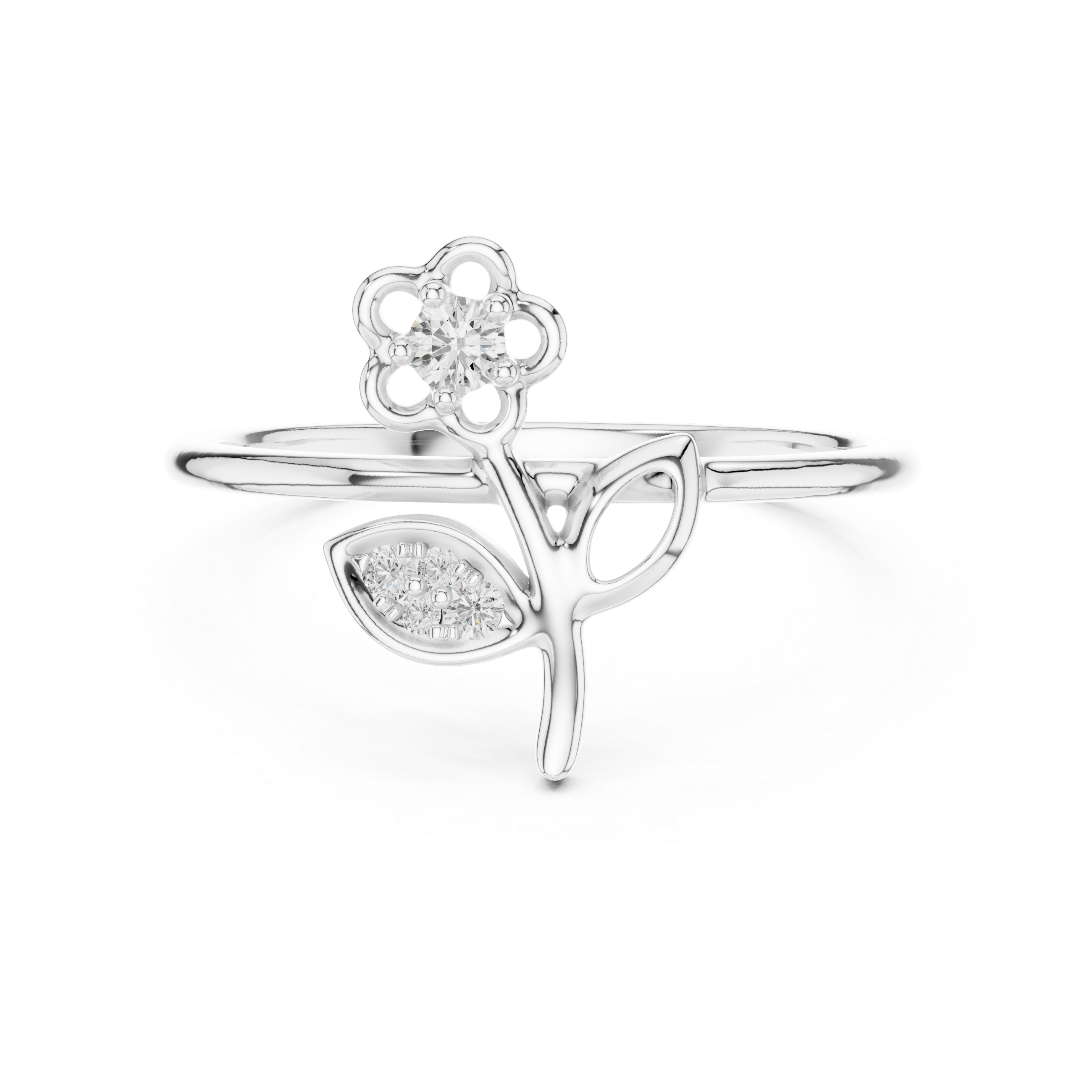 Diamond Flower & Leaf Open Design Ring