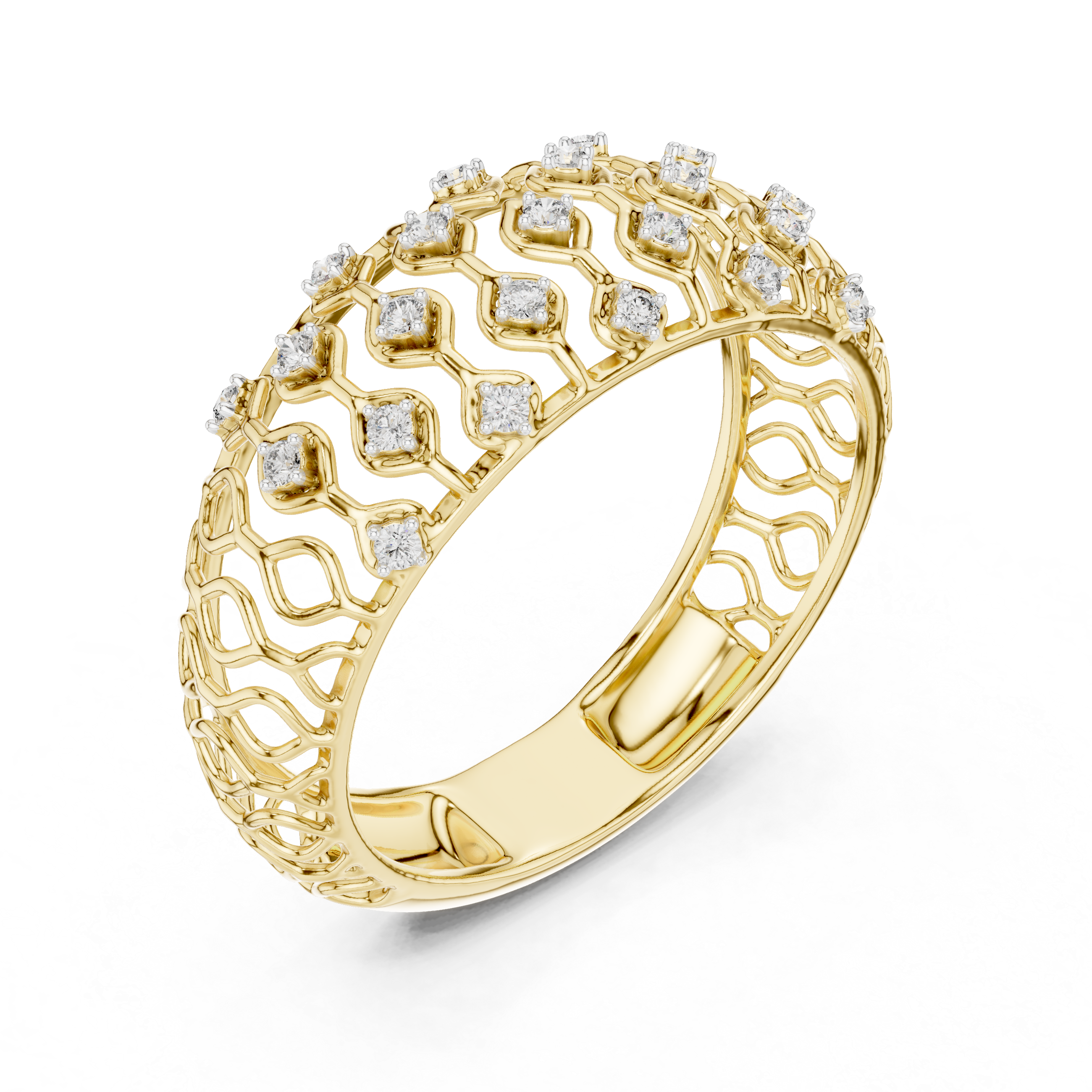 Openwork Diamond Lattice Wide Band Ring