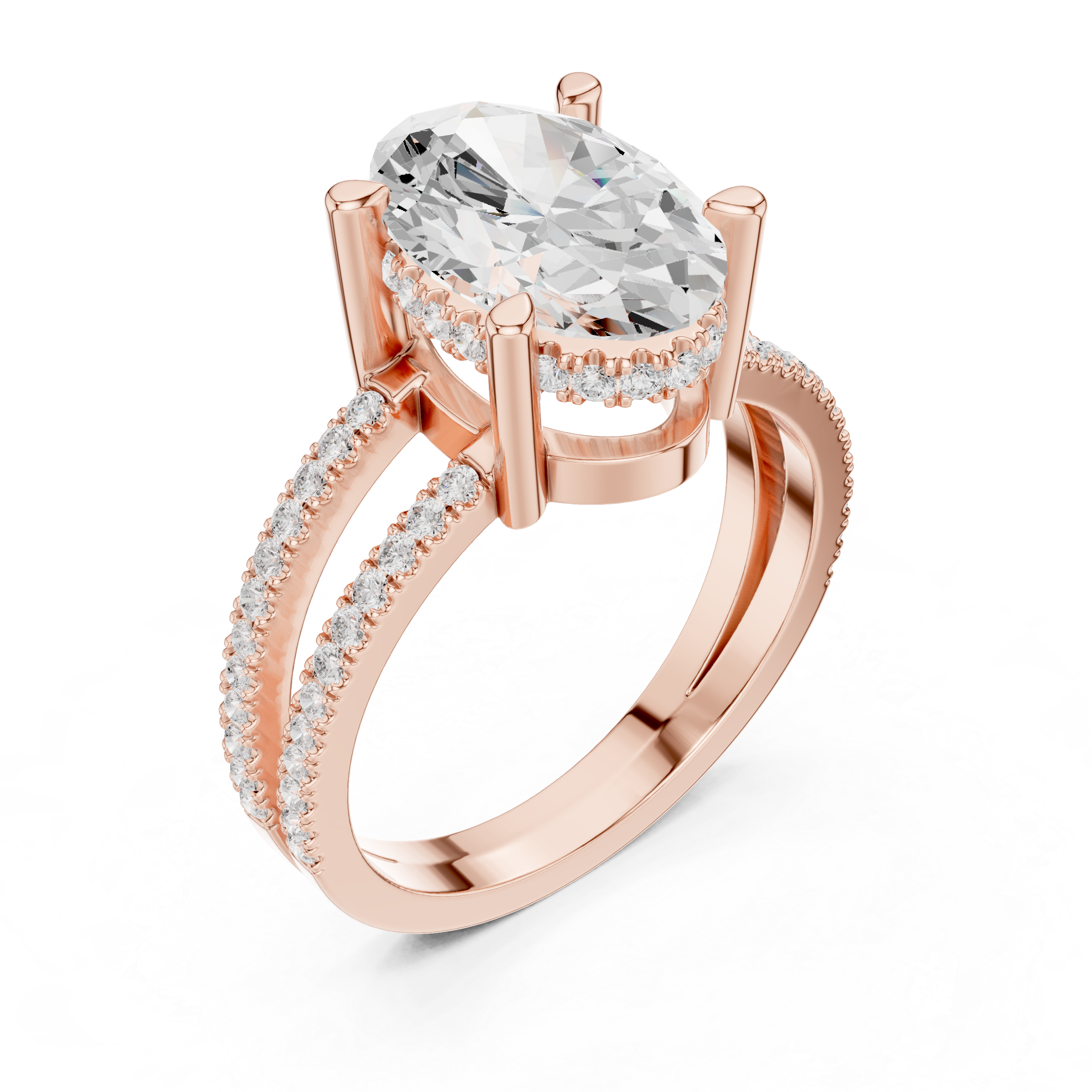 Oval Cut Split Shank Diamond Engagement Ring in Gold