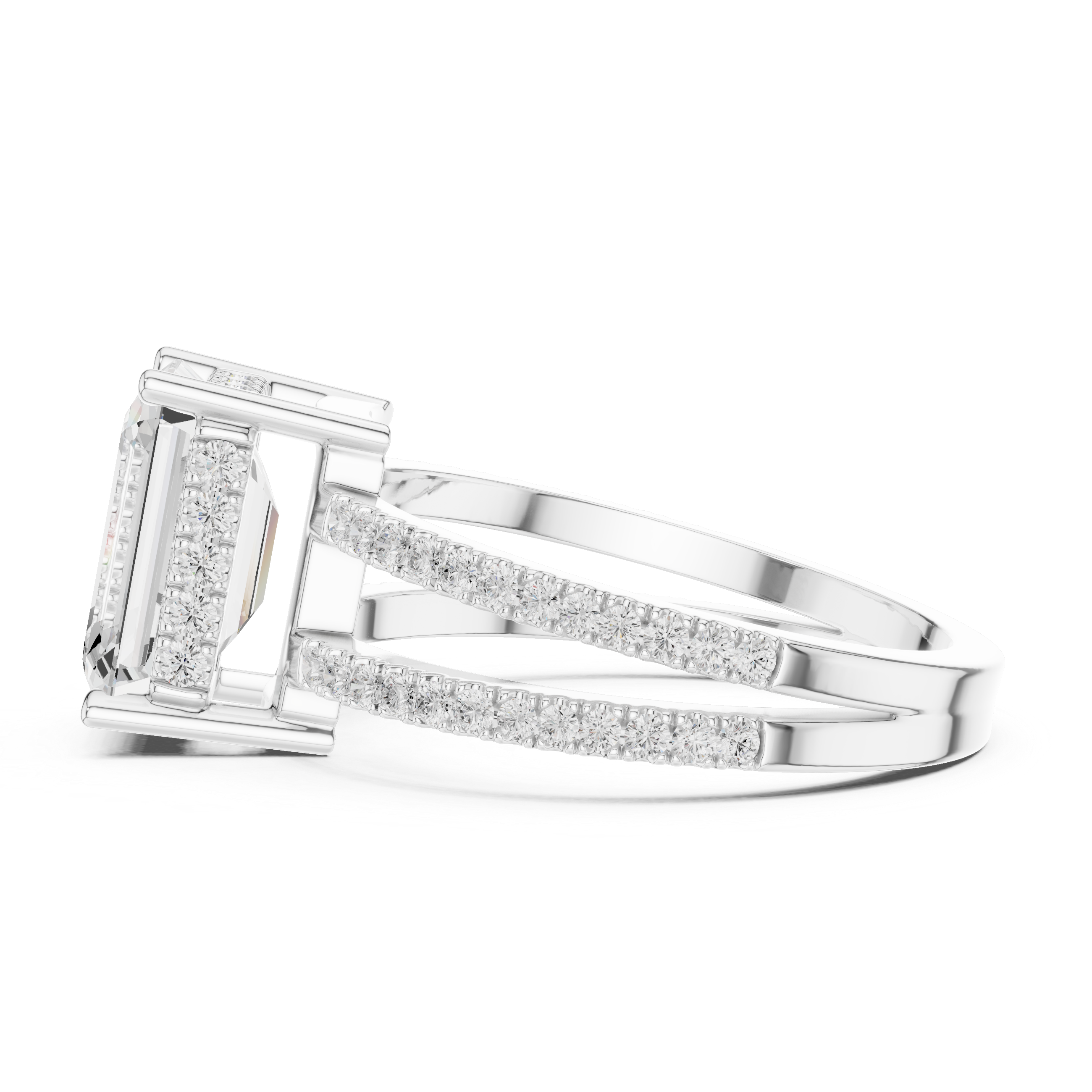 Emerald Cut Double Band Pavé Engagement Ring