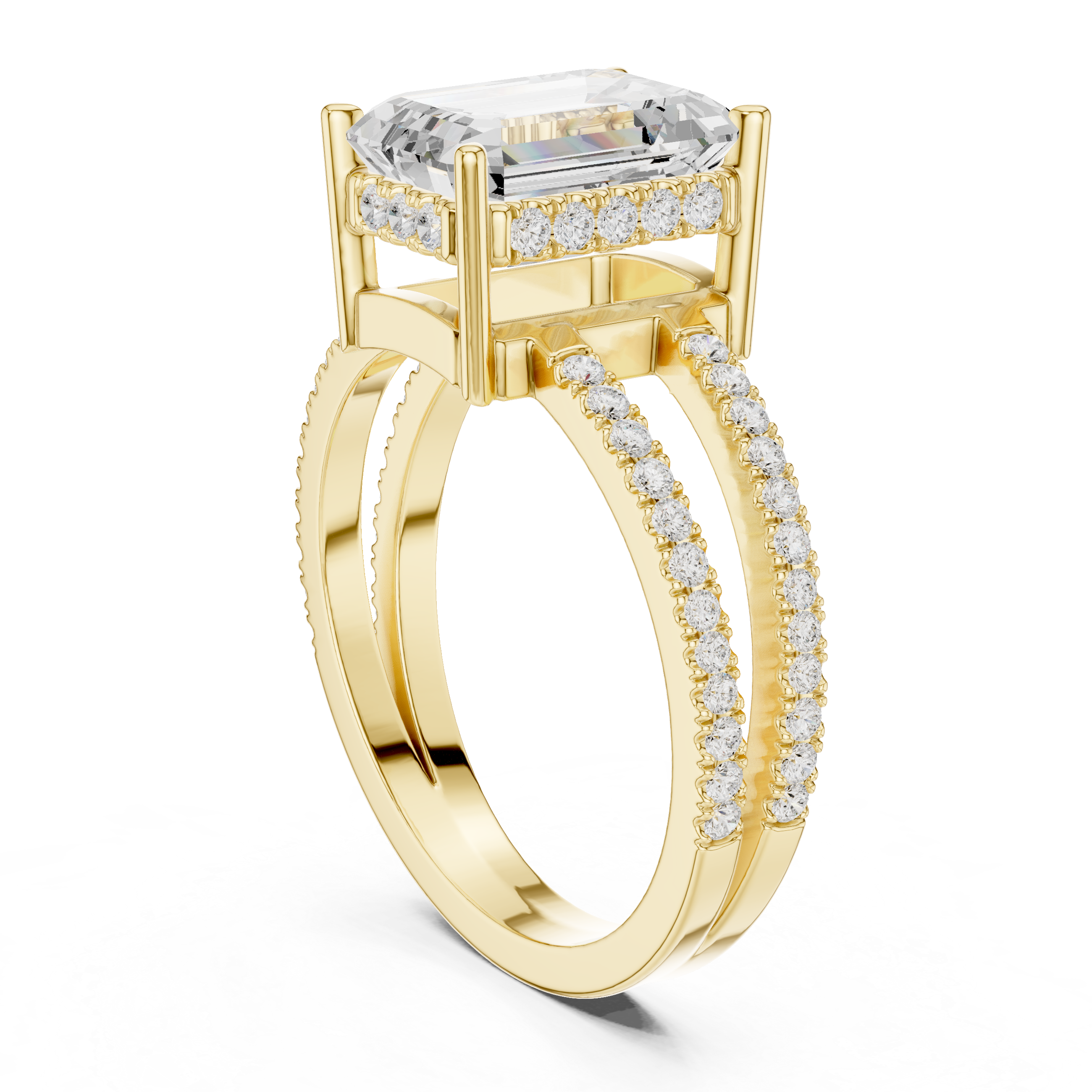 Emerald Cut Double Band Pavé Engagement Ring
