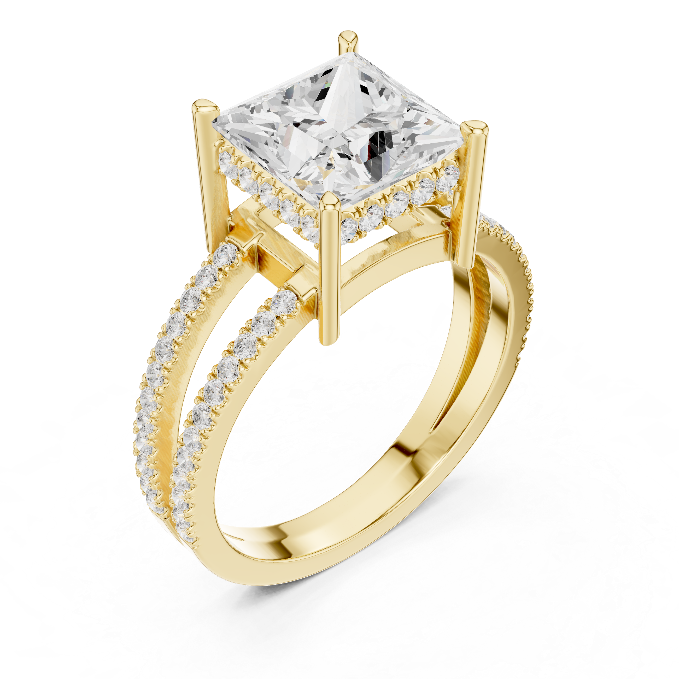 Princess Cut Split Shank Diamond Engagement Ring in Gold