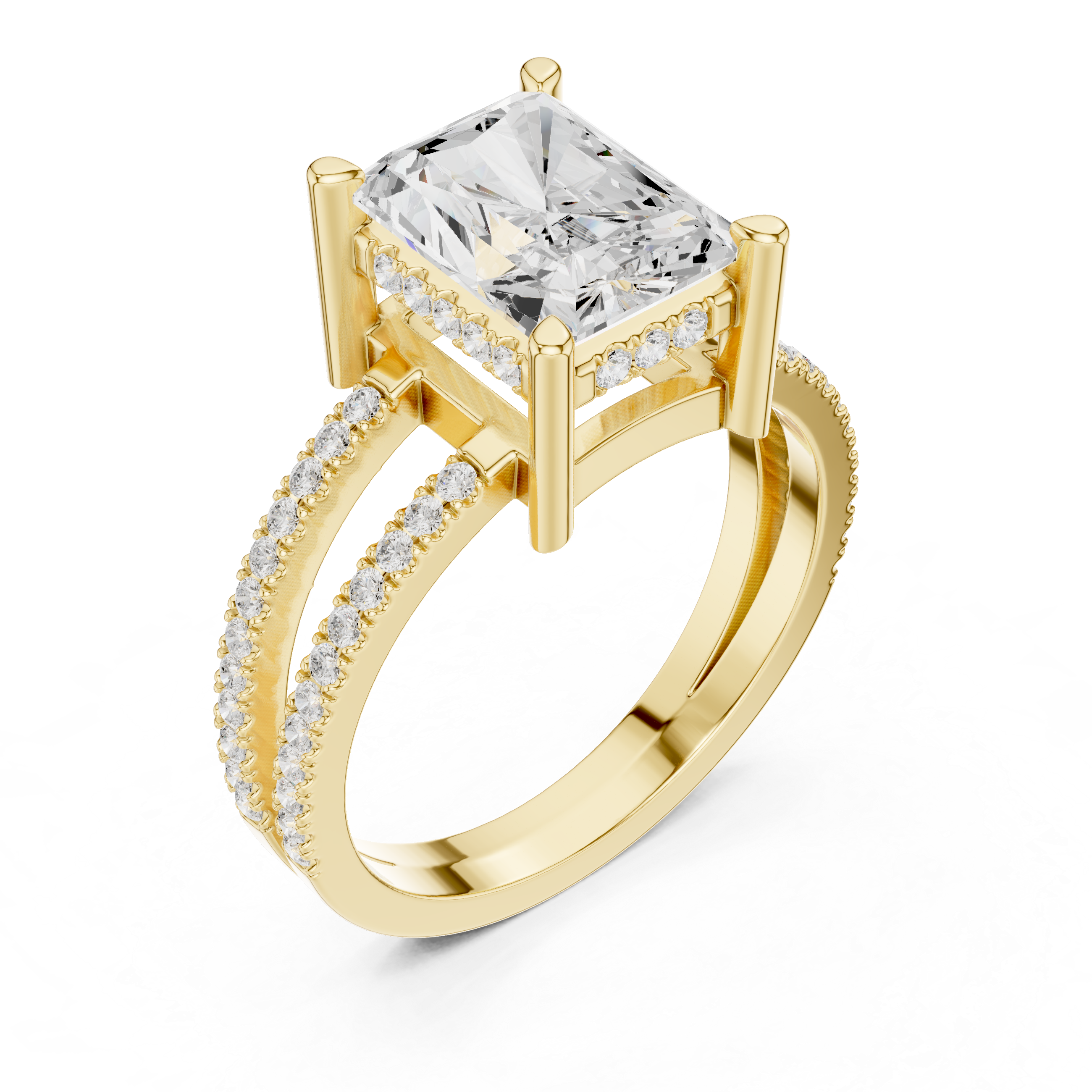 Radiant Cut Split Shank Diamond Engagement Ring in Gold