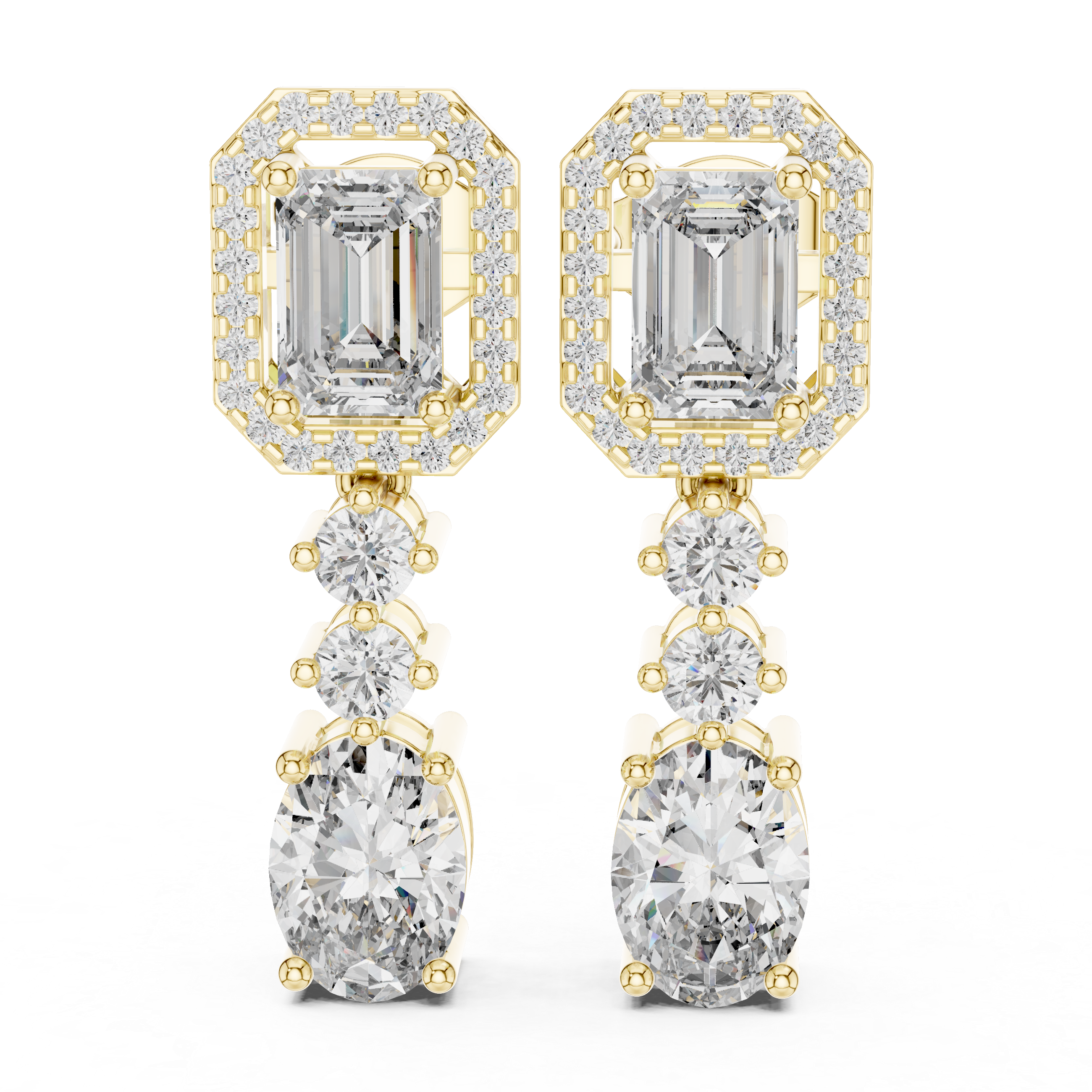 Emerald Cut Halo Drop Diamond Earrings with Oval Finish