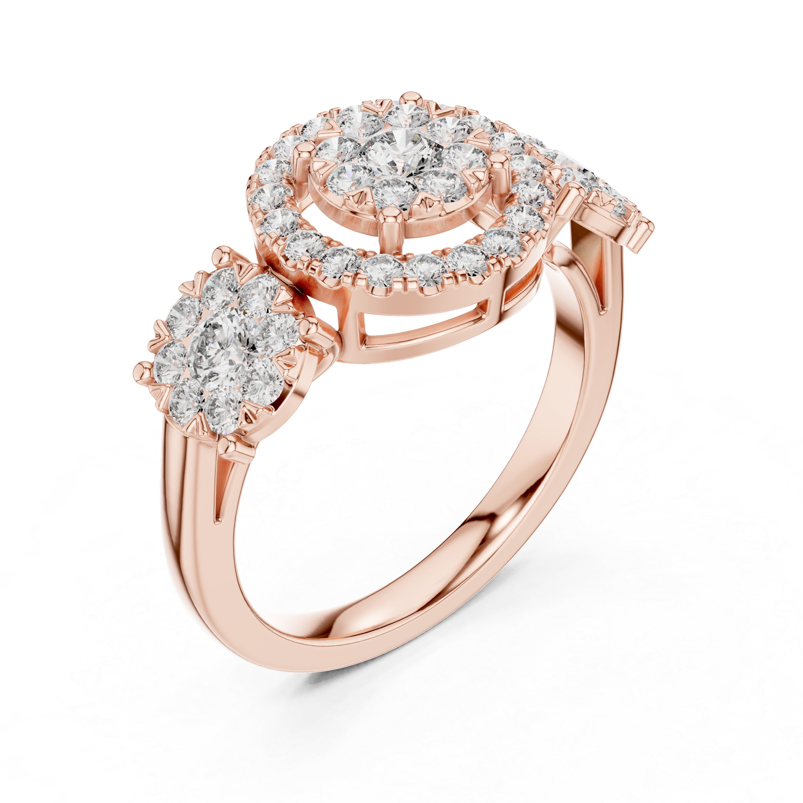 Luxury Three-Stone Diamond Halo Ring – Vintage Cluster Engagement Ring