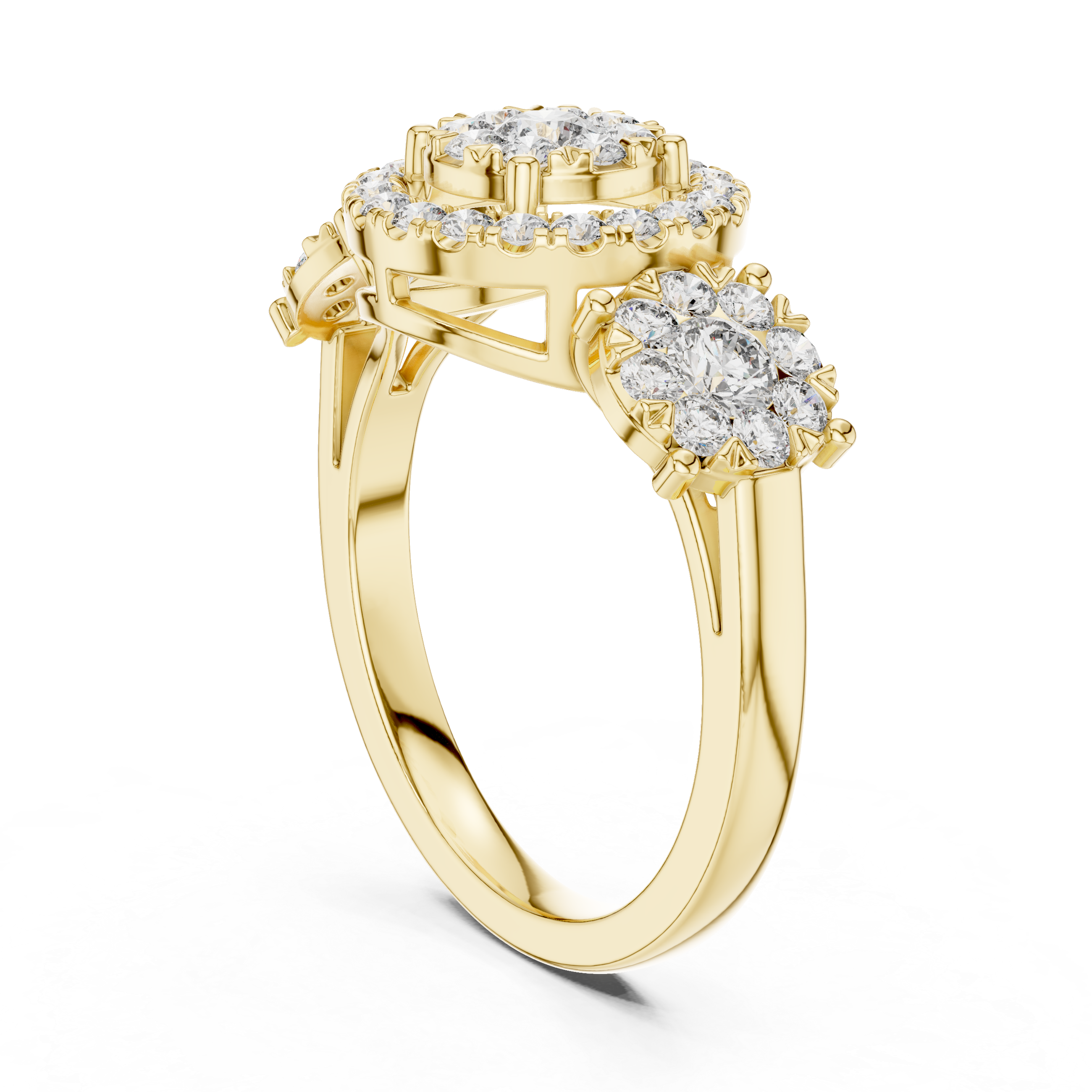 Luxury Three-Stone Diamond Halo Ring – Vintage Cluster Engagement Ring