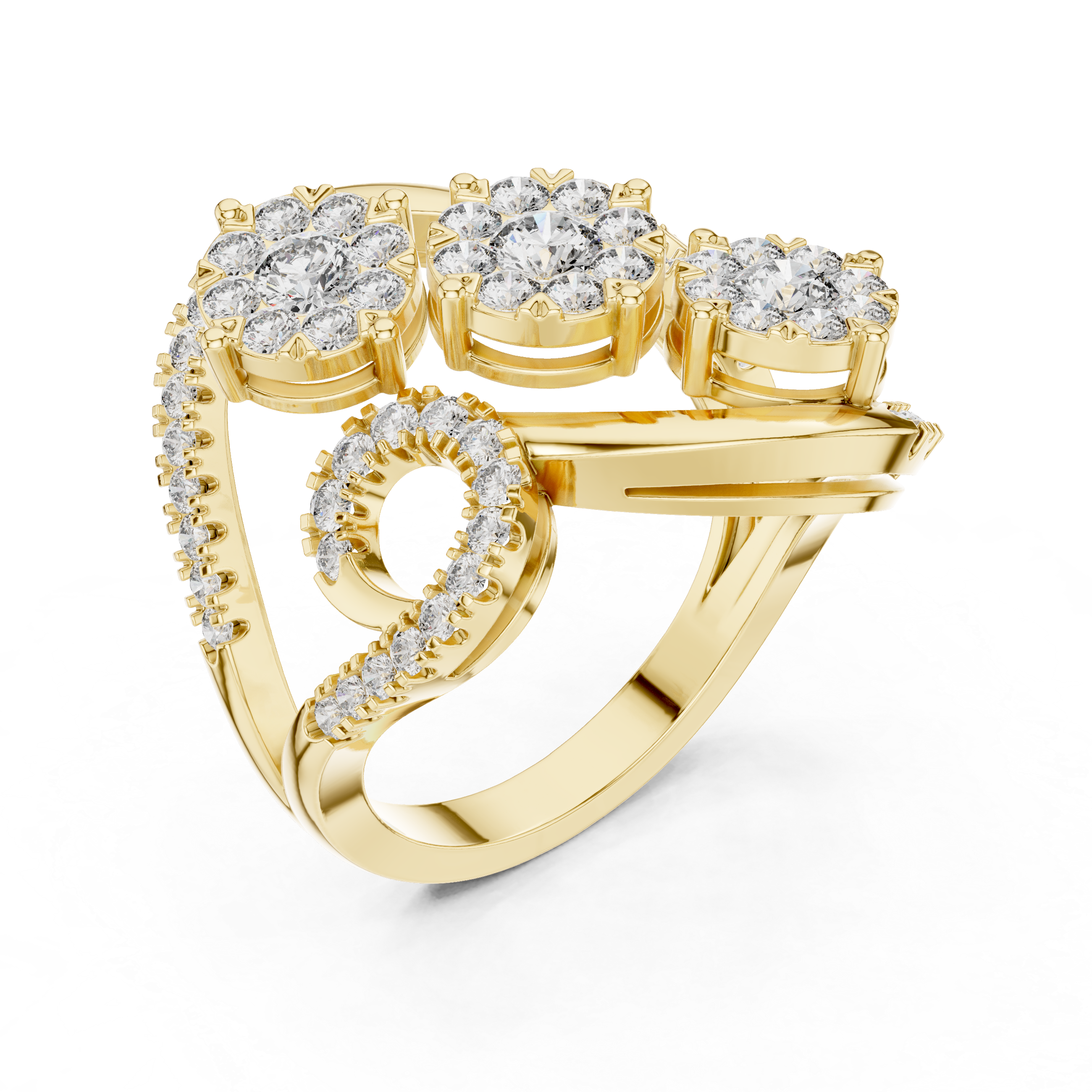 Luxury Diamond Swirl Cocktail Ring – Triple Cluster Halo Statement Ring