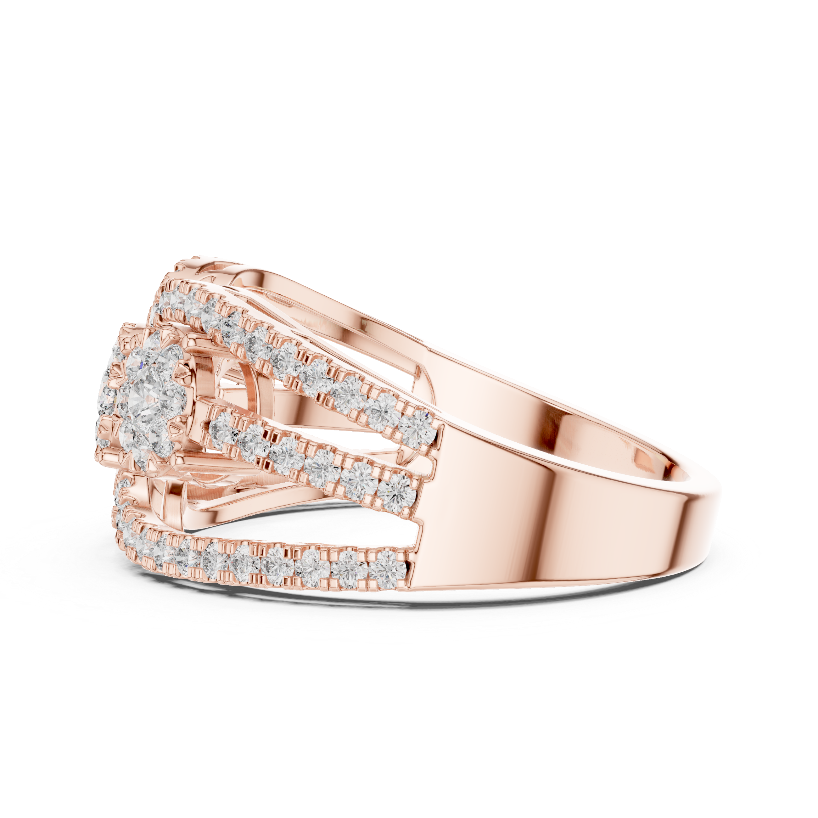Triple Cluster Diamond Ring – Open Double Halo Split Shank Statement Ring