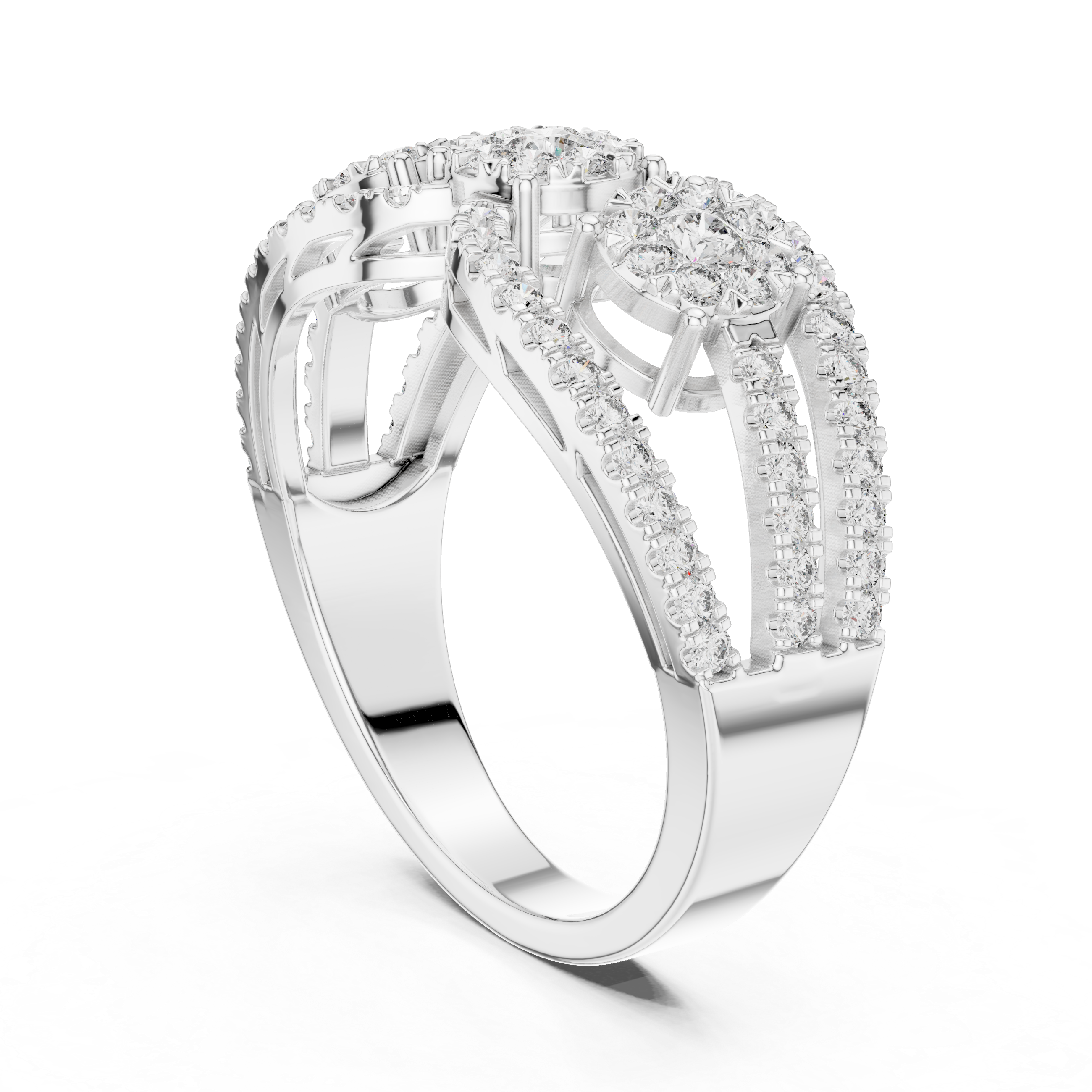 Triple Cluster Diamond Ring – Open Double Halo Split Shank Statement Ring