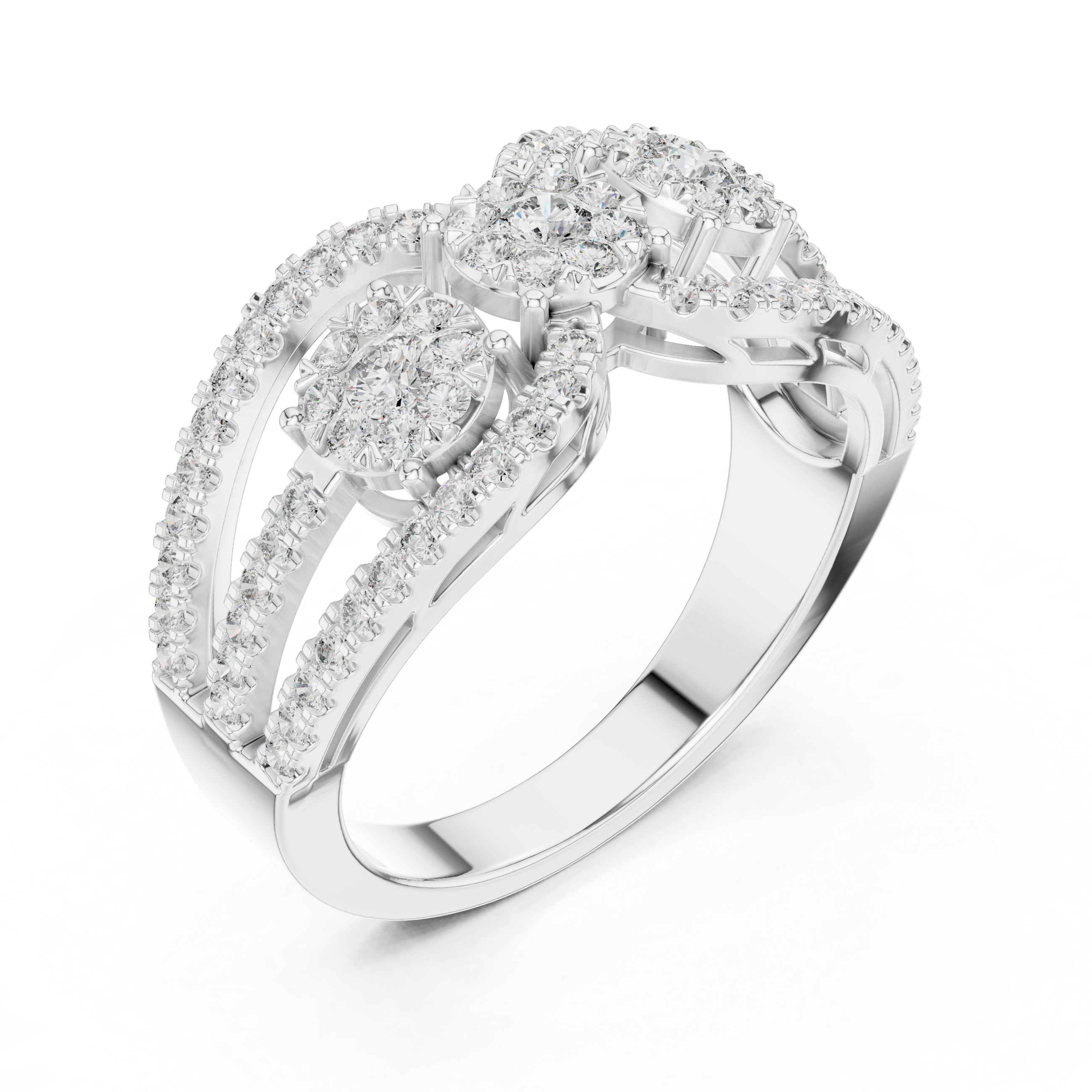 Triple Cluster Diamond Ring – Open Double Halo Split Shank Statement Ring