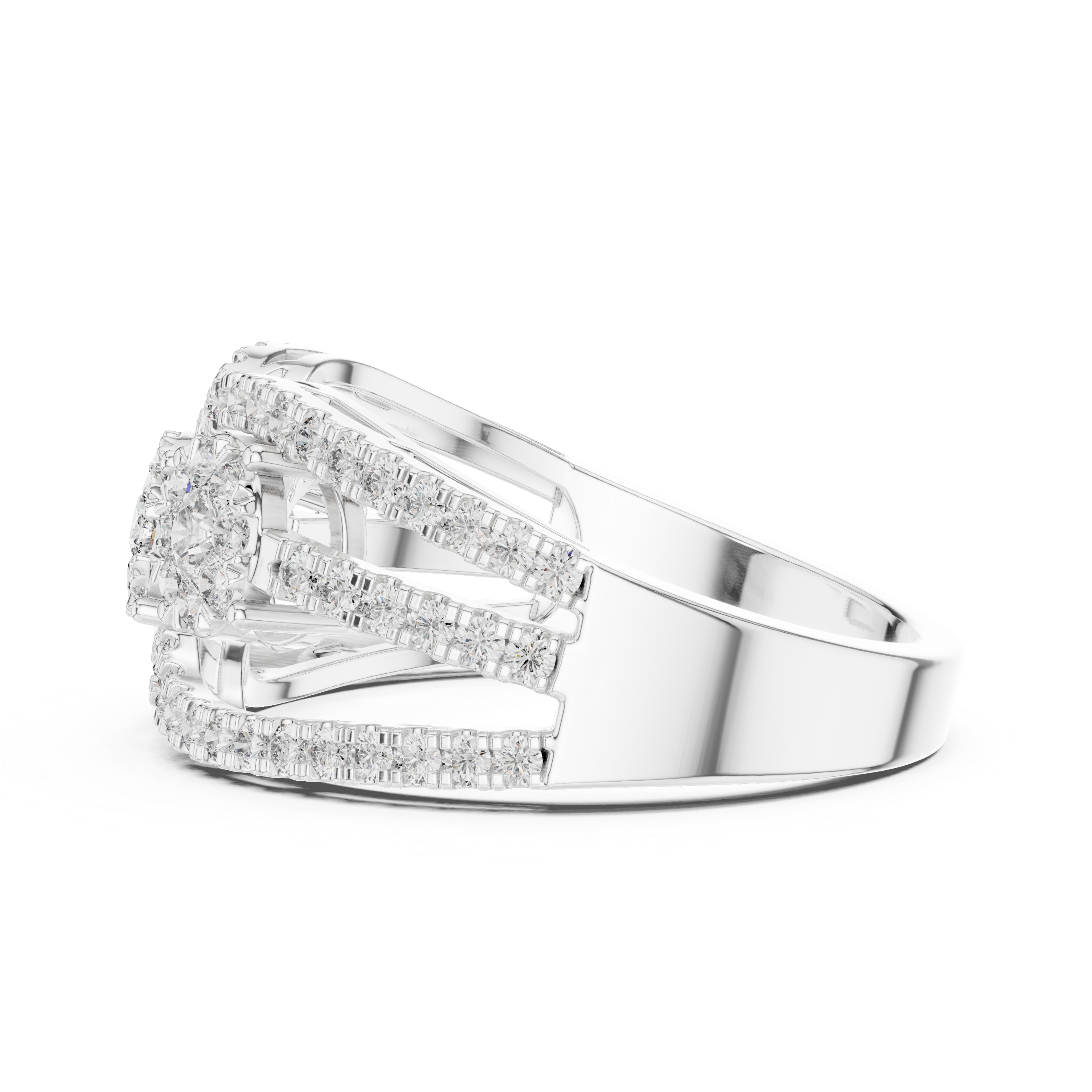 Triple Cluster Diamond Ring – Open Double Halo Split Shank Statement Ring
