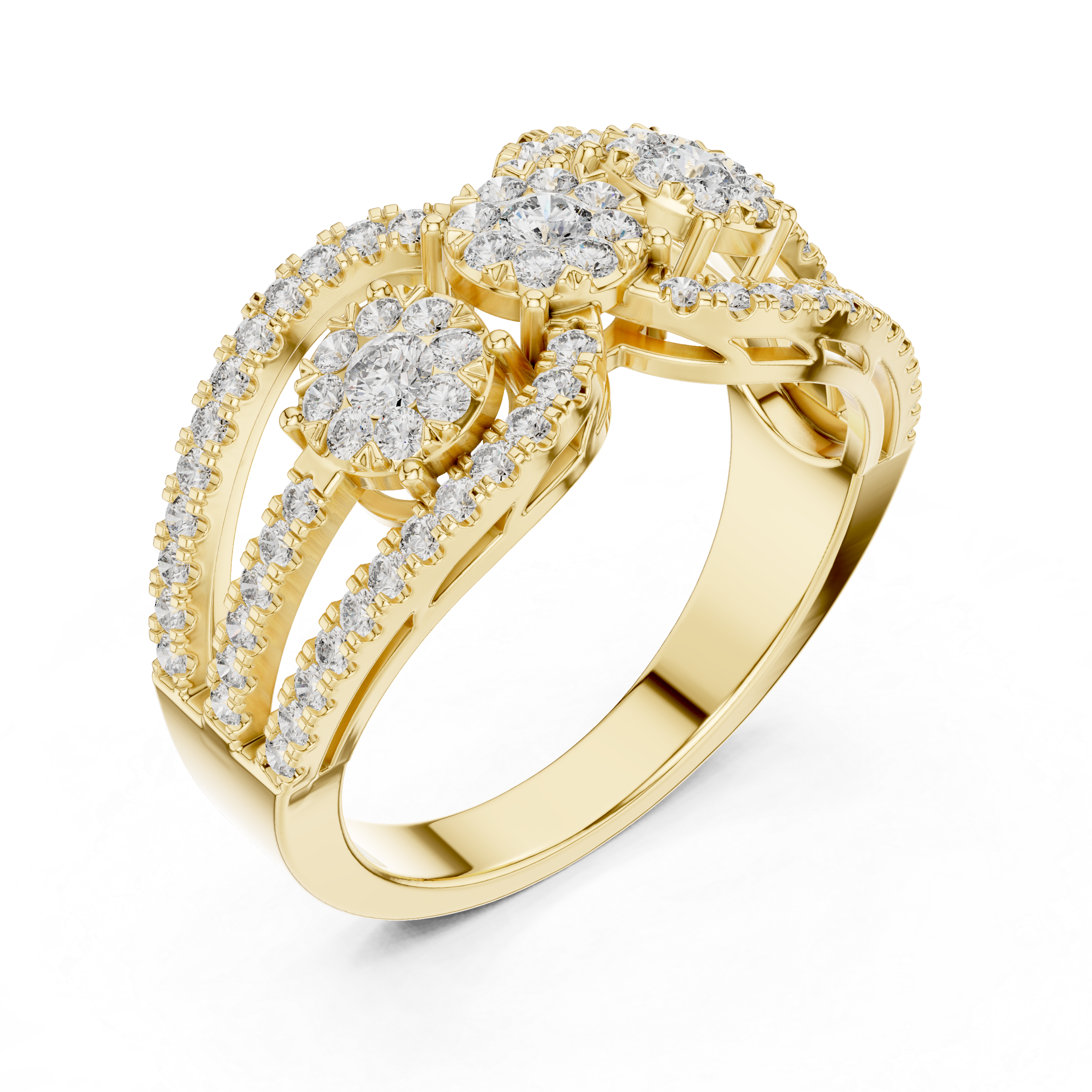 Triple Cluster Diamond Ring – Open Double Halo Split Shank Statement Ring