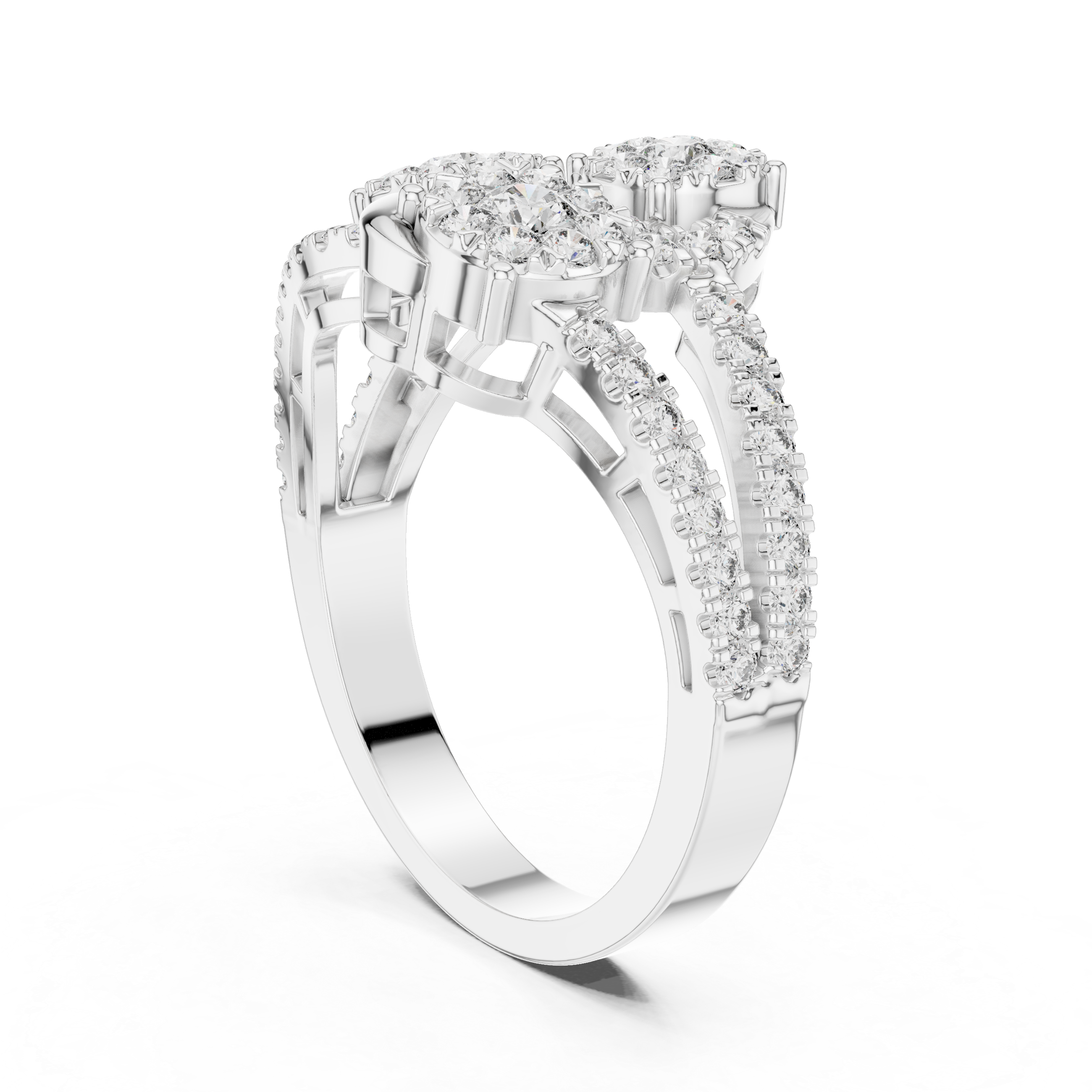 Three-Cluster Diamond Swirl Ring – Split Shank Pavé Statement Ring