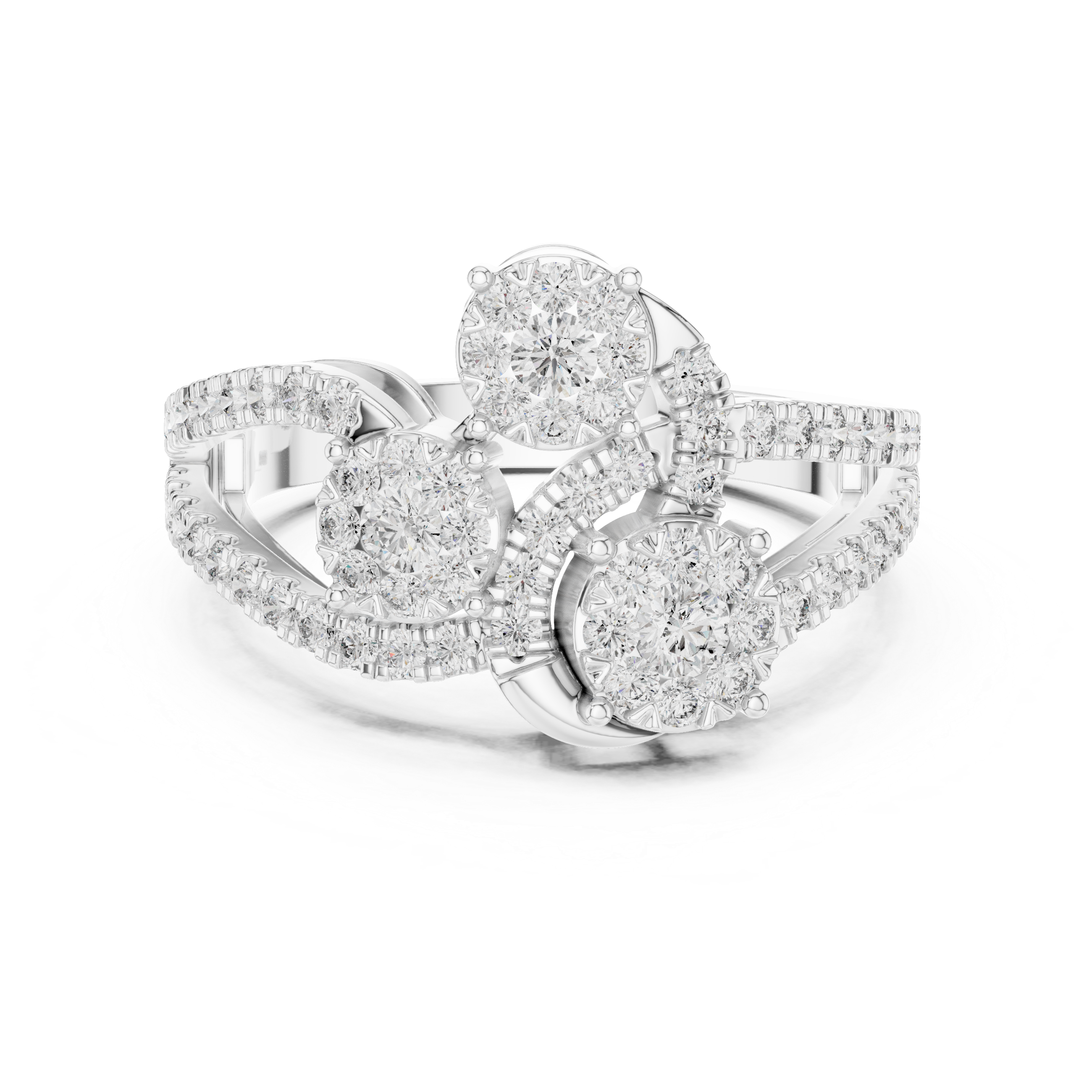 Three-Cluster Diamond Swirl Ring – Split Shank Pavé Statement Ring