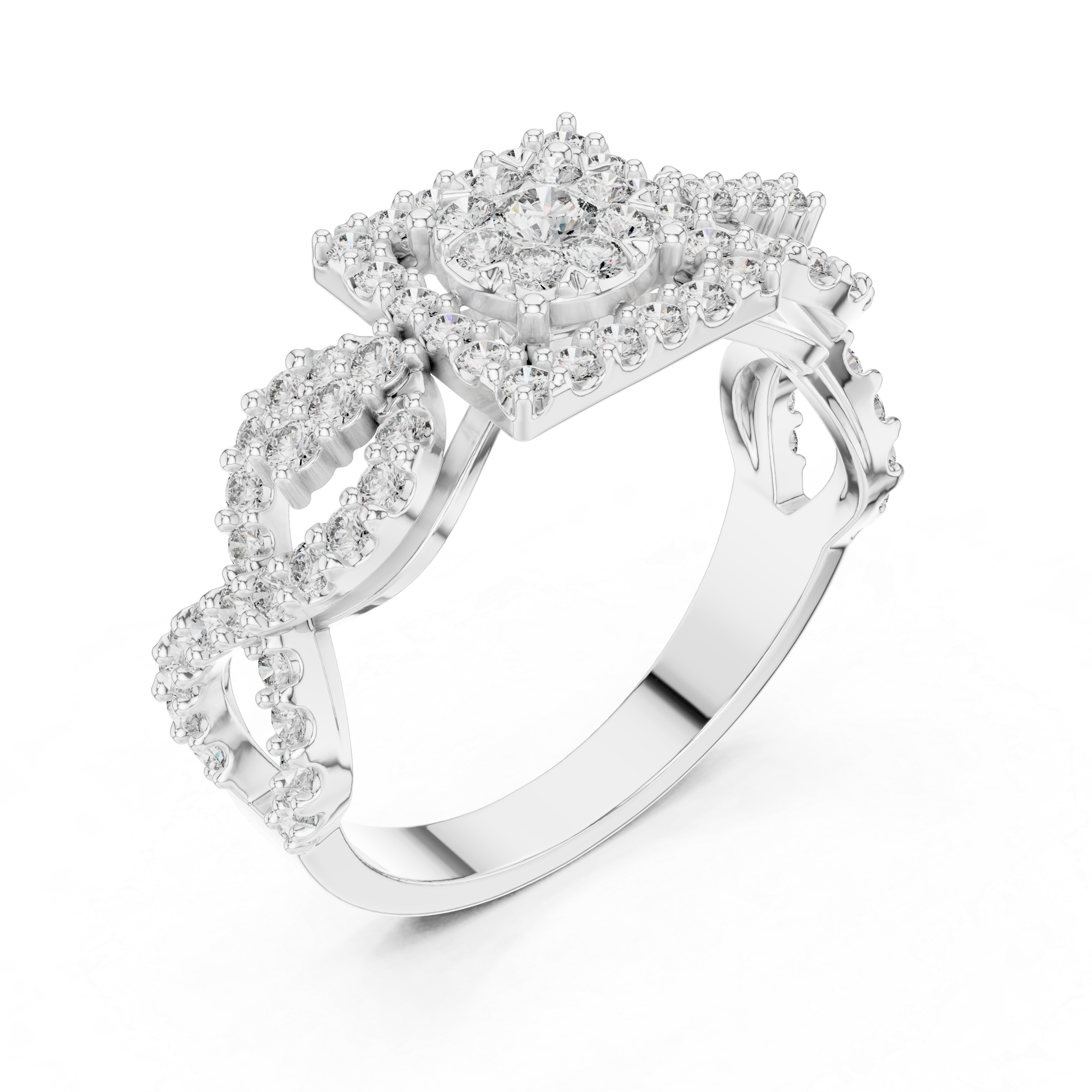 Square Halo Diamond Cluster Ring with Infinity Split Shank