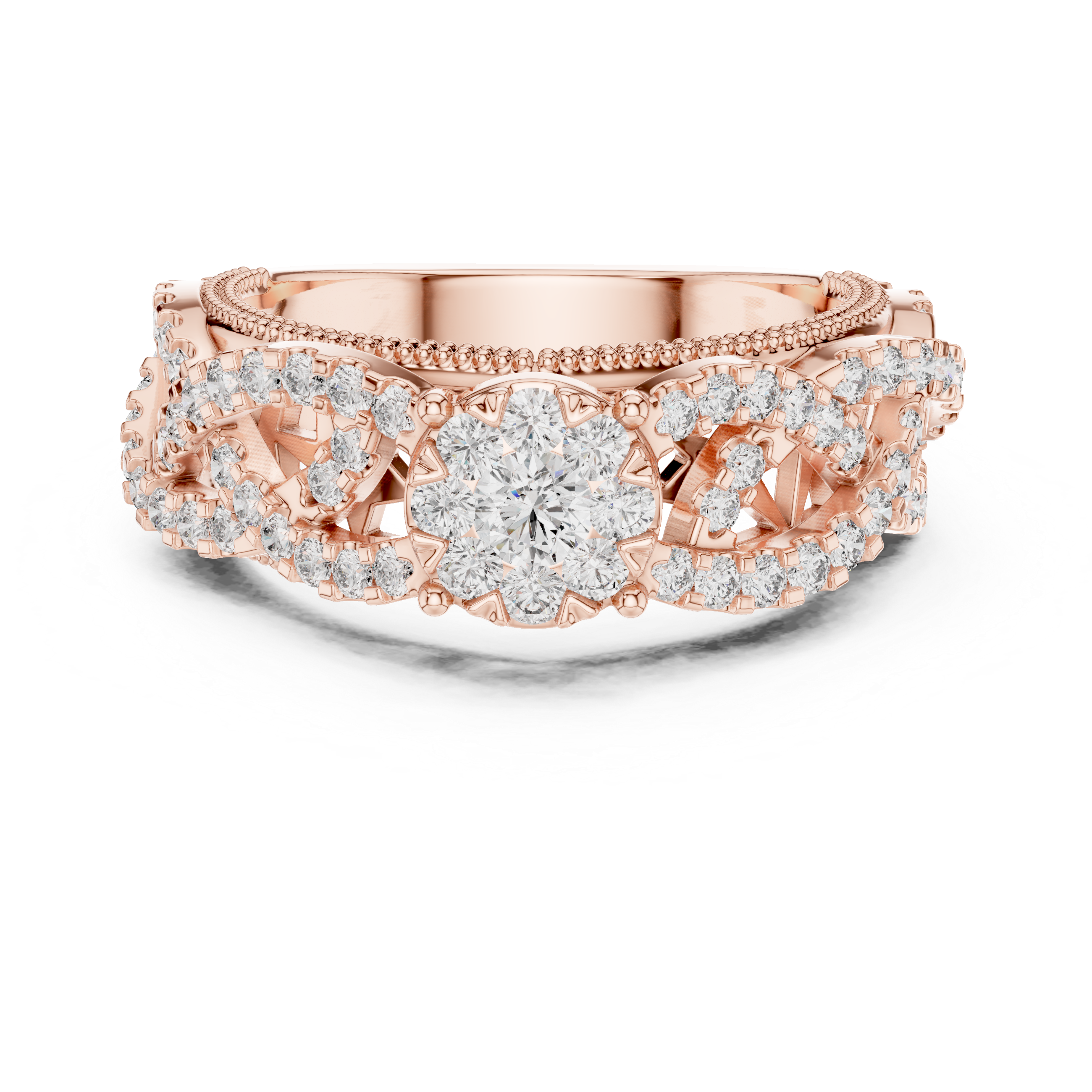 Vintage-Inspired Diamond Cluster Ring with Crisscross Pavé Band