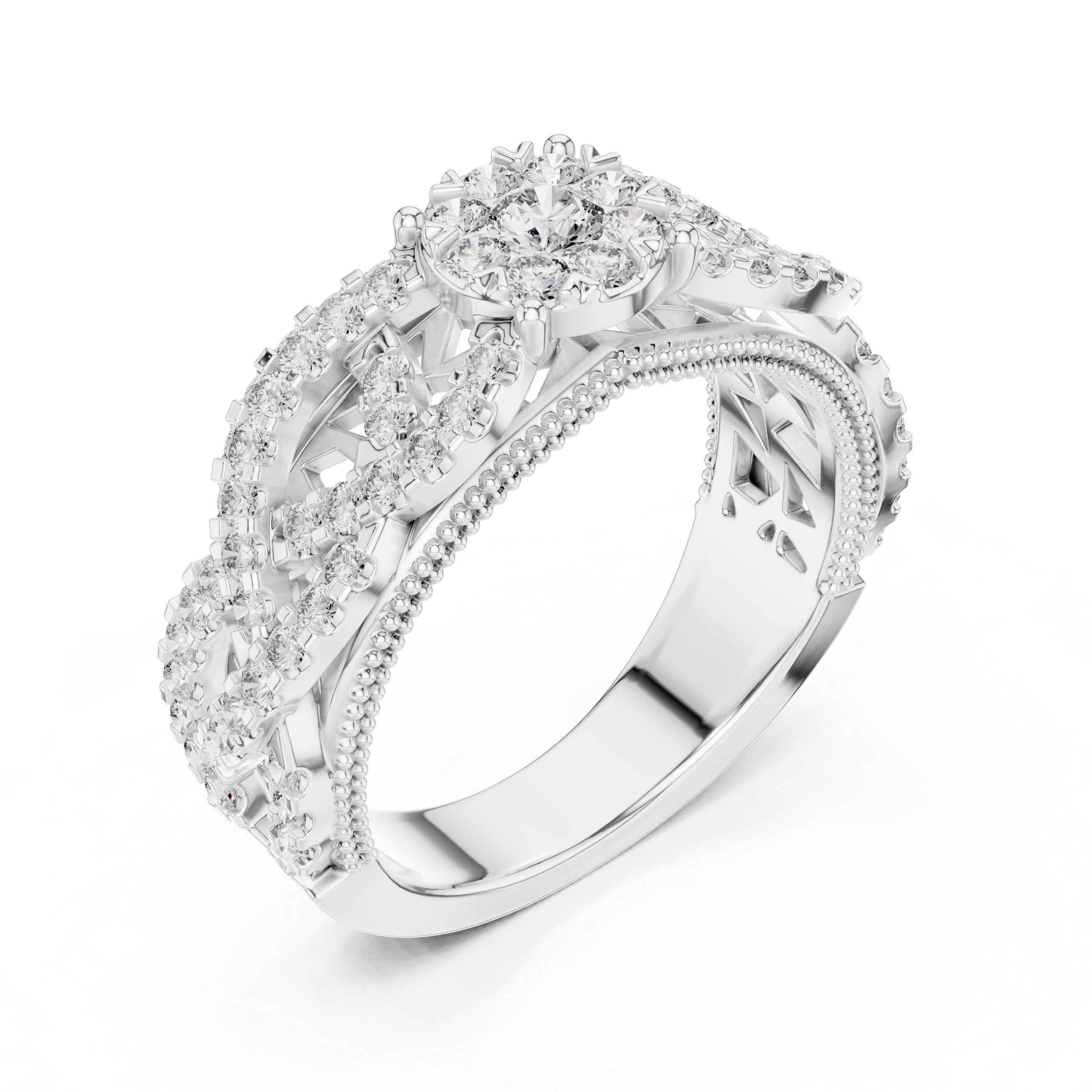 Vintage-Inspired Diamond Cluster Ring with Crisscross Pavé Band