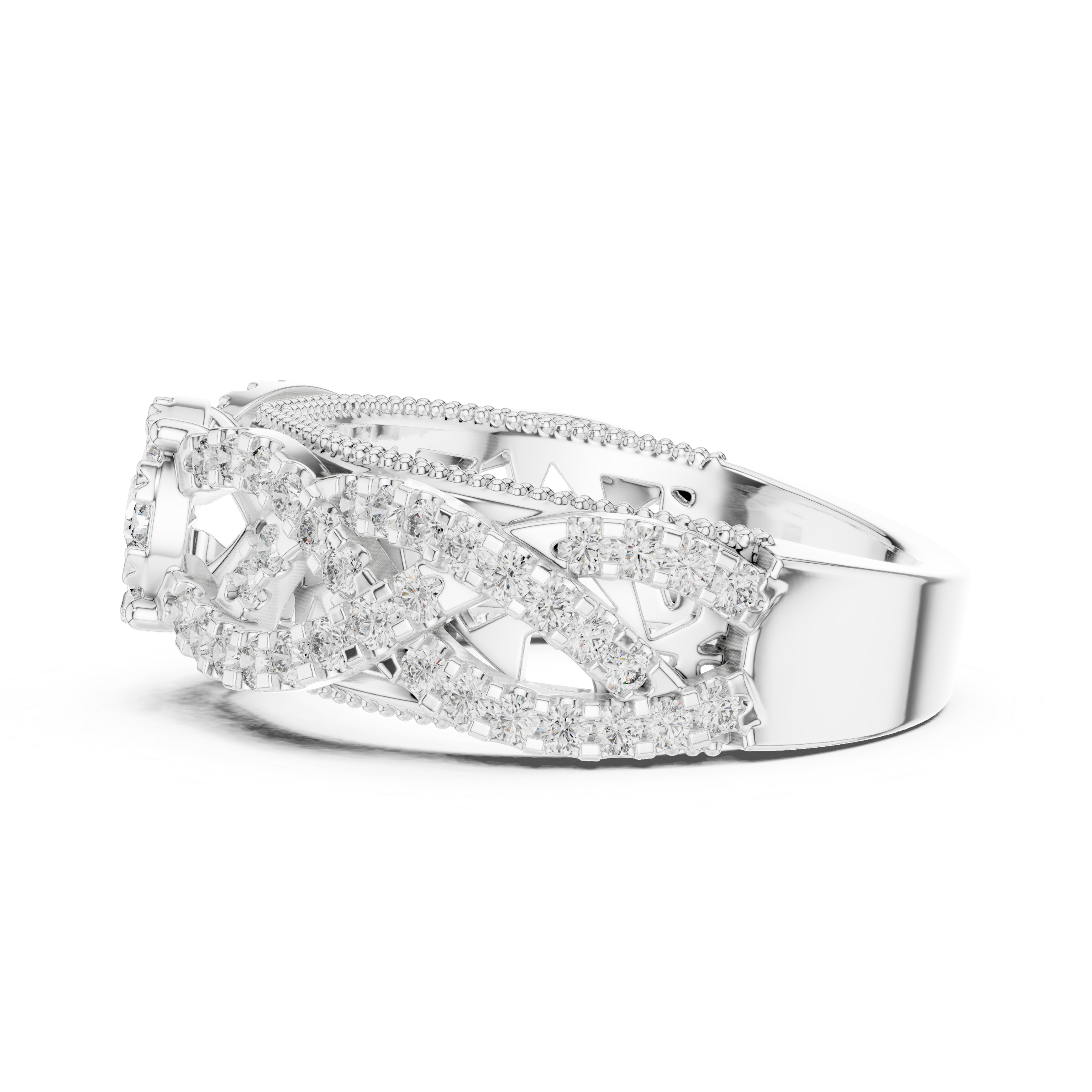 Vintage-Inspired Diamond Cluster Ring with Crisscross Pavé Band