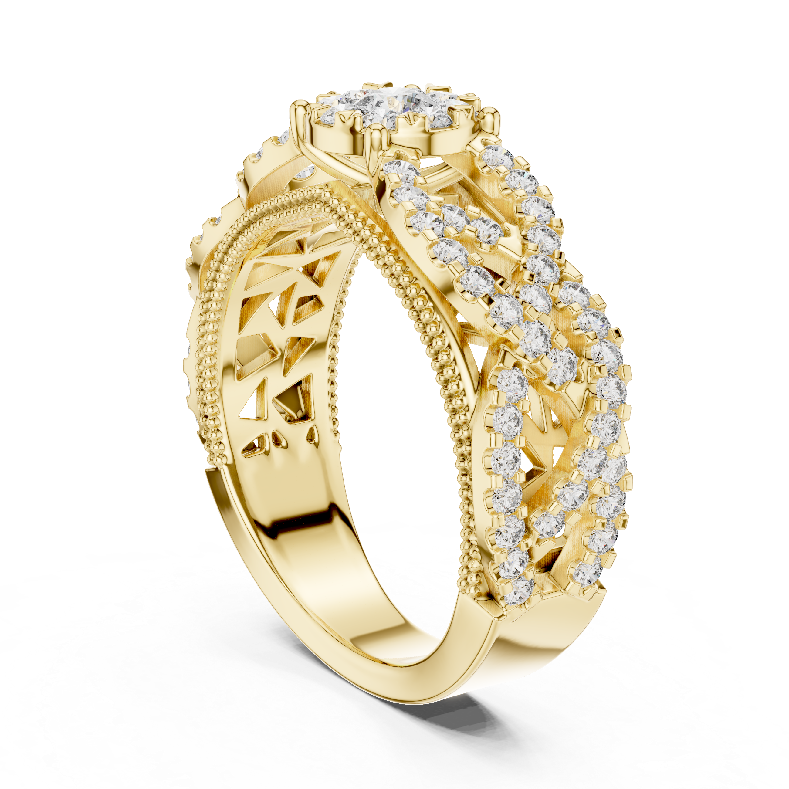 Vintage-Inspired Diamond Cluster Ring with Crisscross Pavé Band