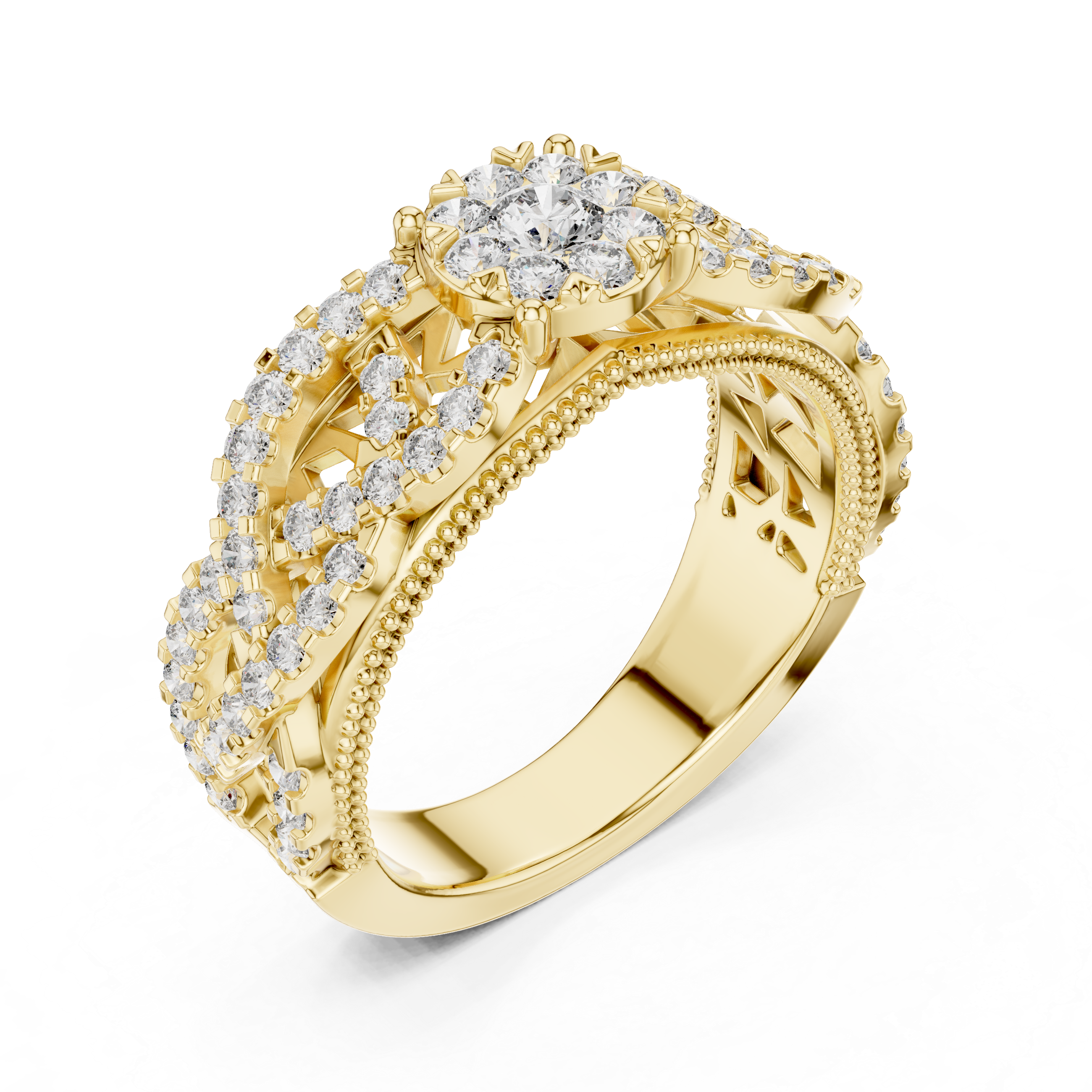 Vintage-Inspired Diamond Cluster Ring with Crisscross Pavé Band