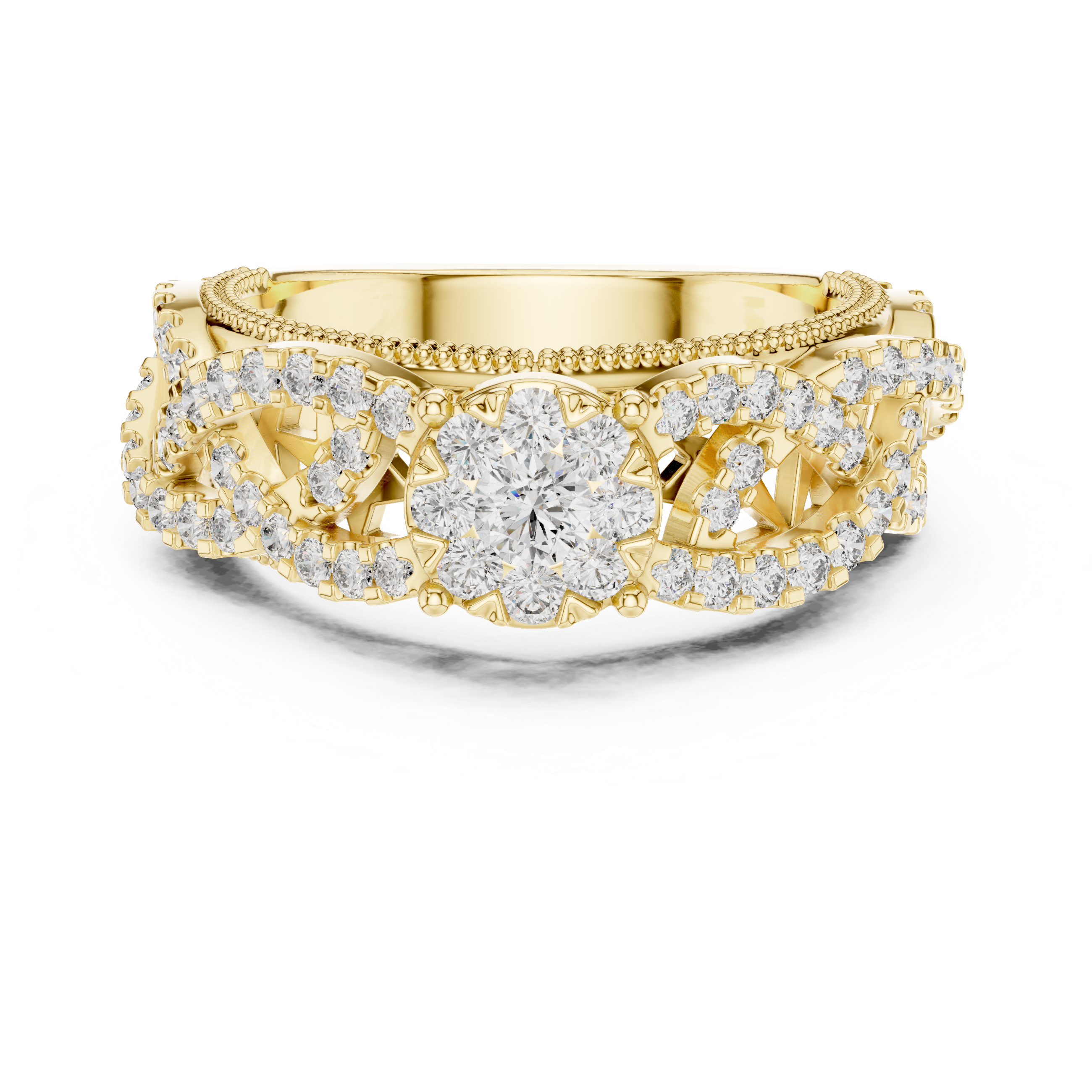 Vintage-Inspired Diamond Cluster Ring with Crisscross Pavé Band