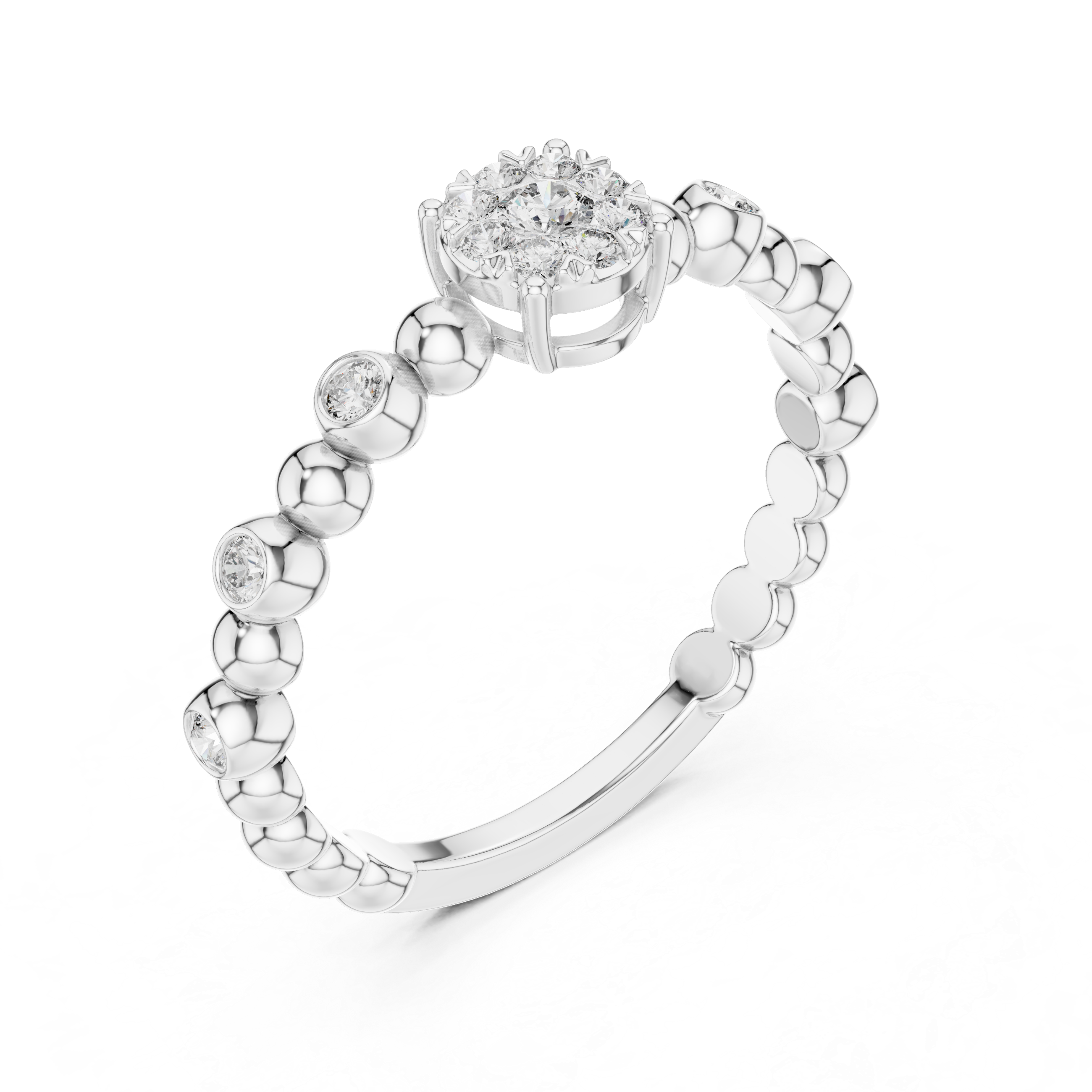 Diamond Cluster Beaded Band Ring with Bezel-Set Accents