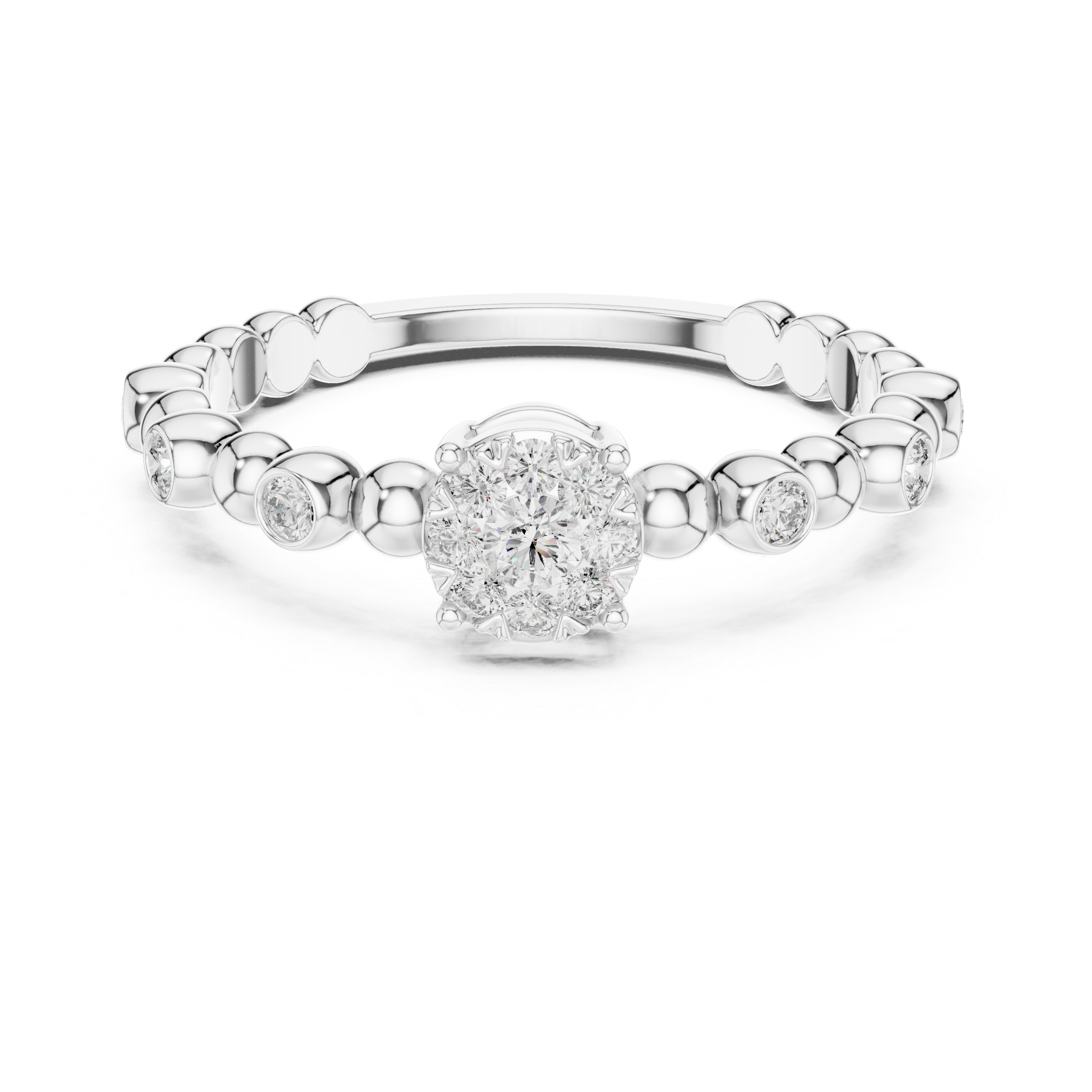 Diamond Cluster Beaded Band Ring with Bezel-Set Accents