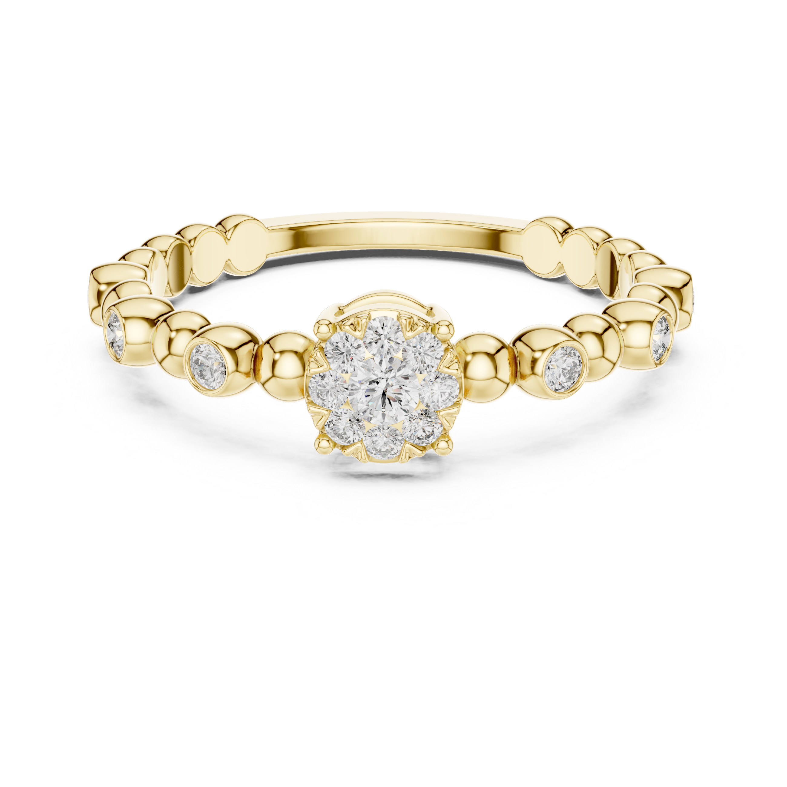 Diamond Cluster Beaded Band Ring with Bezel-Set Accents
