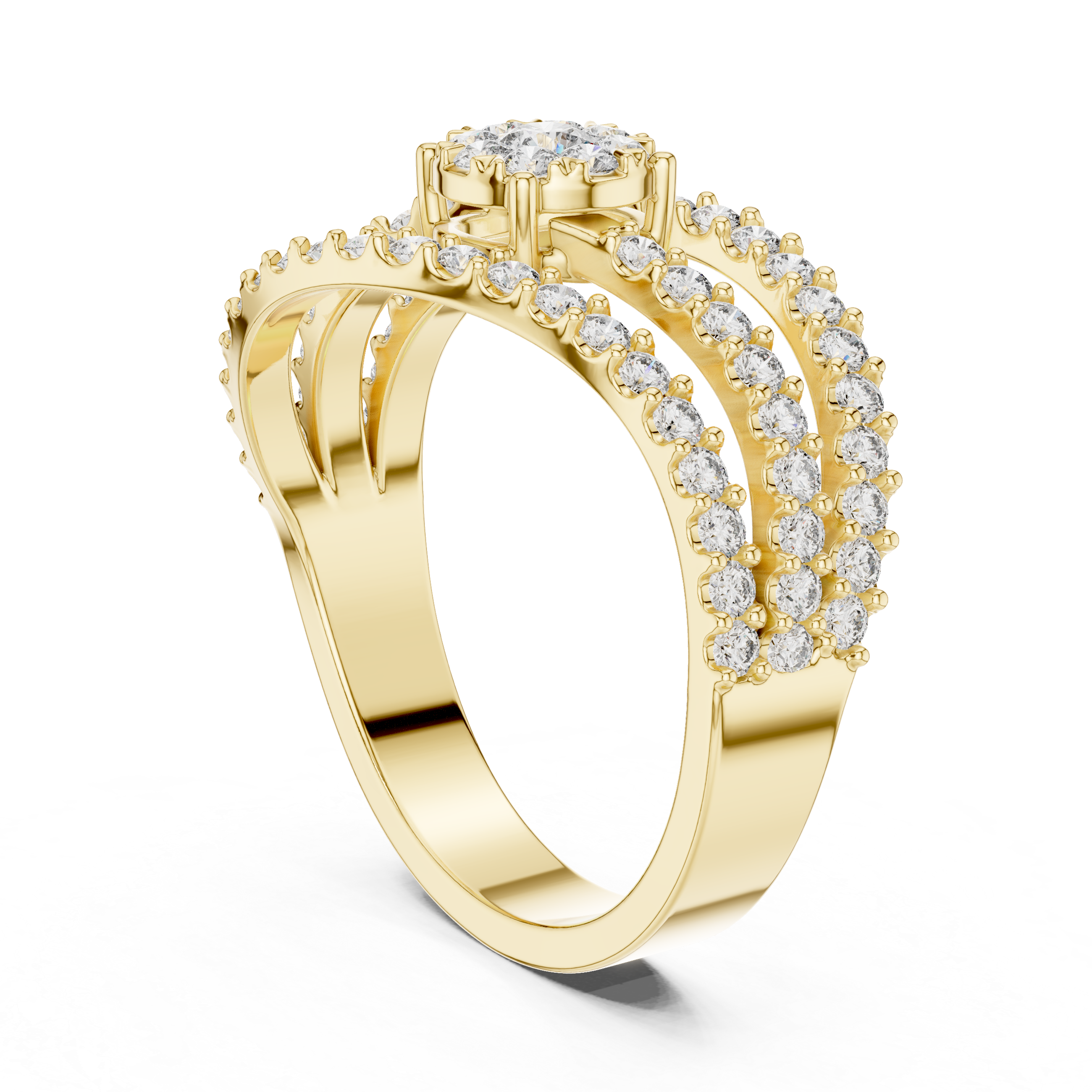 Diamond Cluster Swirl Engagement Ring with Triple Pavé Band