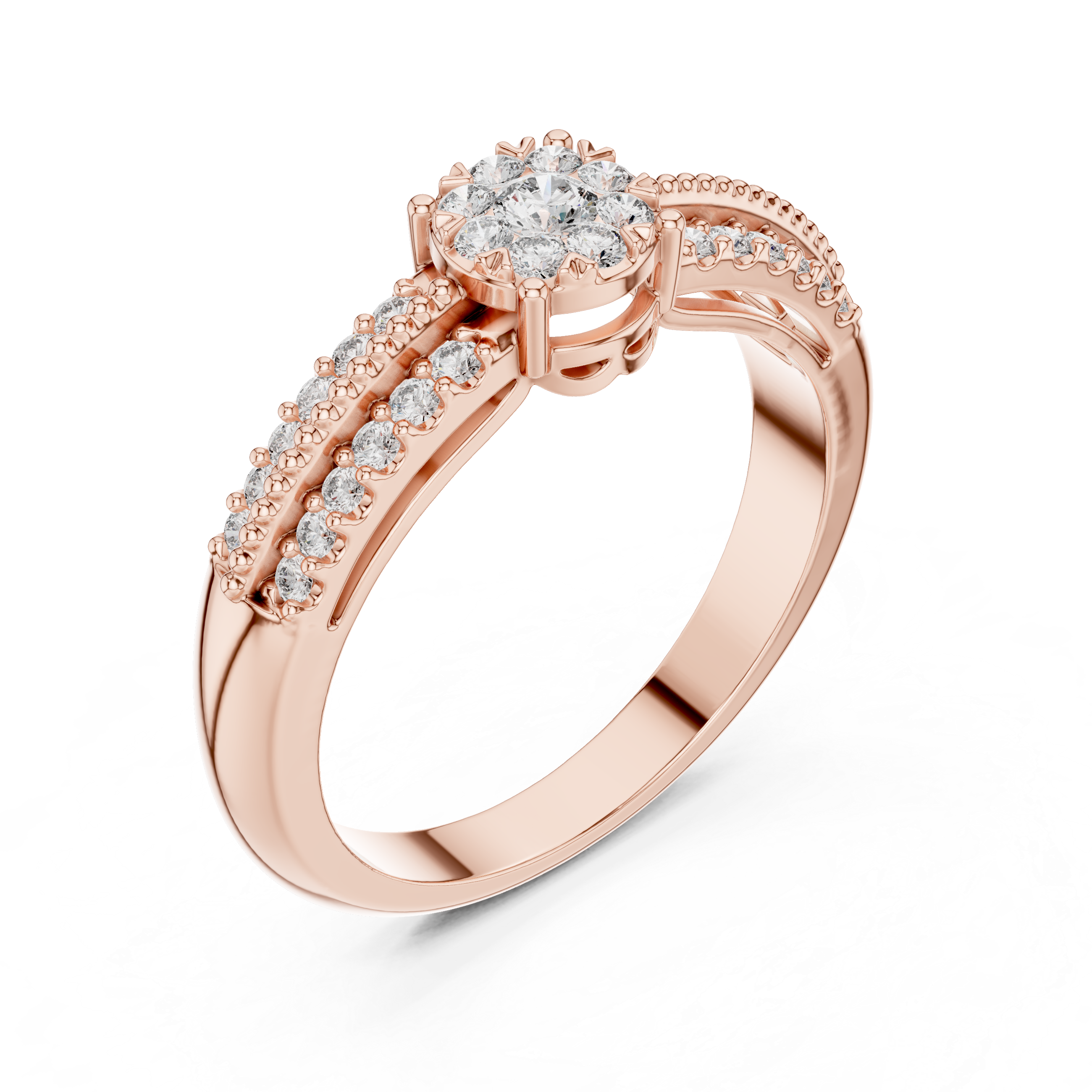 Diamond Cluster Engagement Ring with Double Pavé Split Band