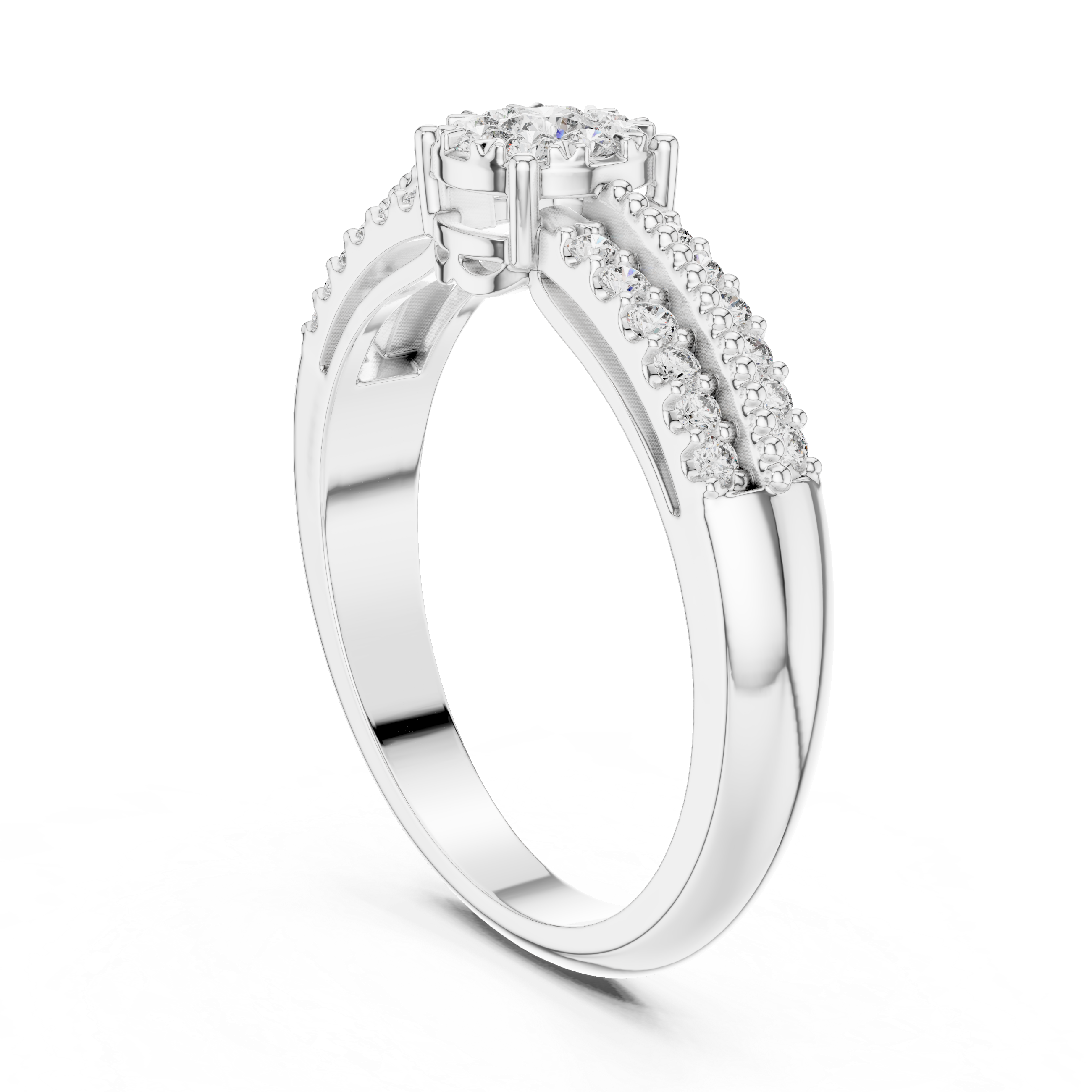 Diamond Cluster Engagement Ring with Double Pavé Split Band