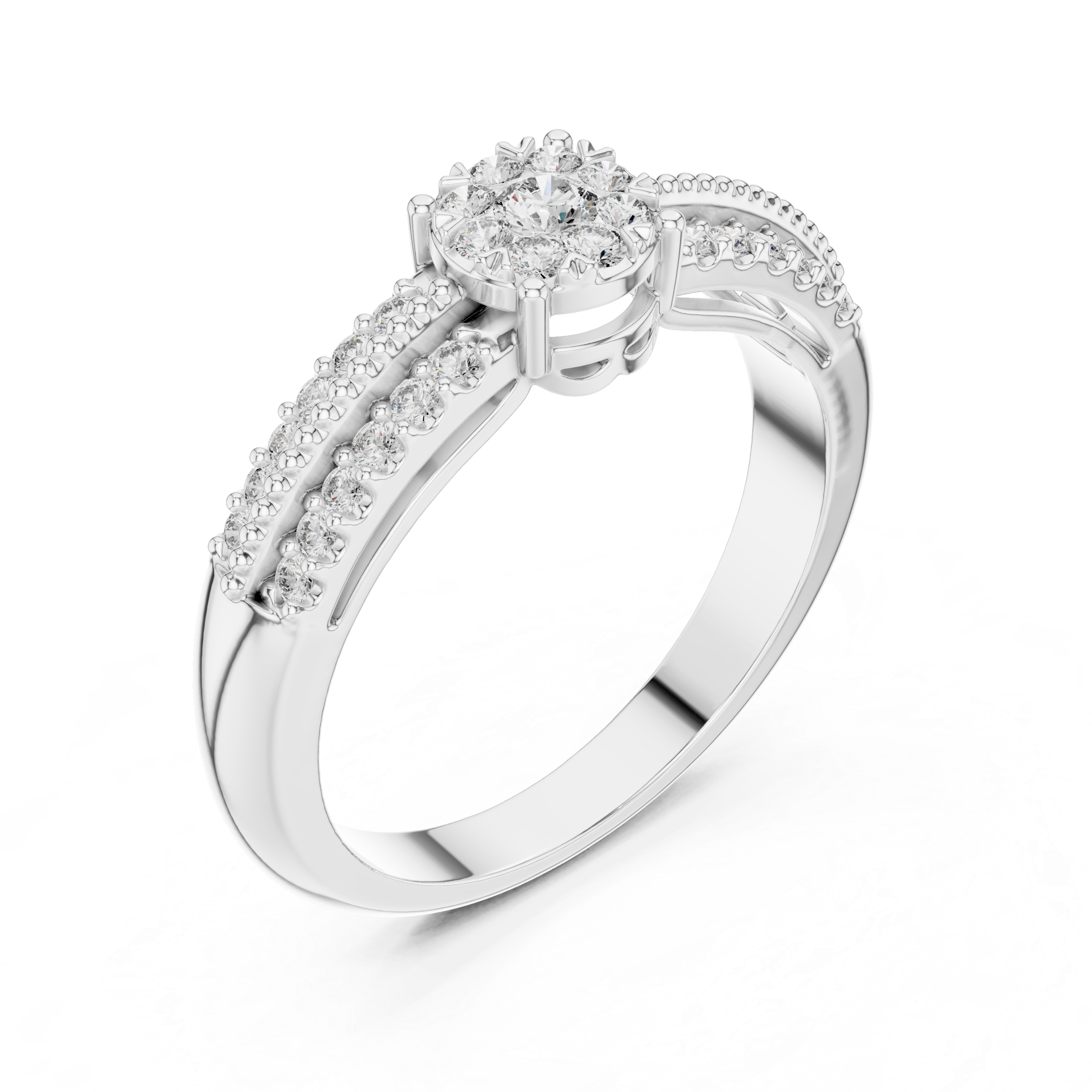 Diamond Cluster Engagement Ring with Double Pavé Split Band