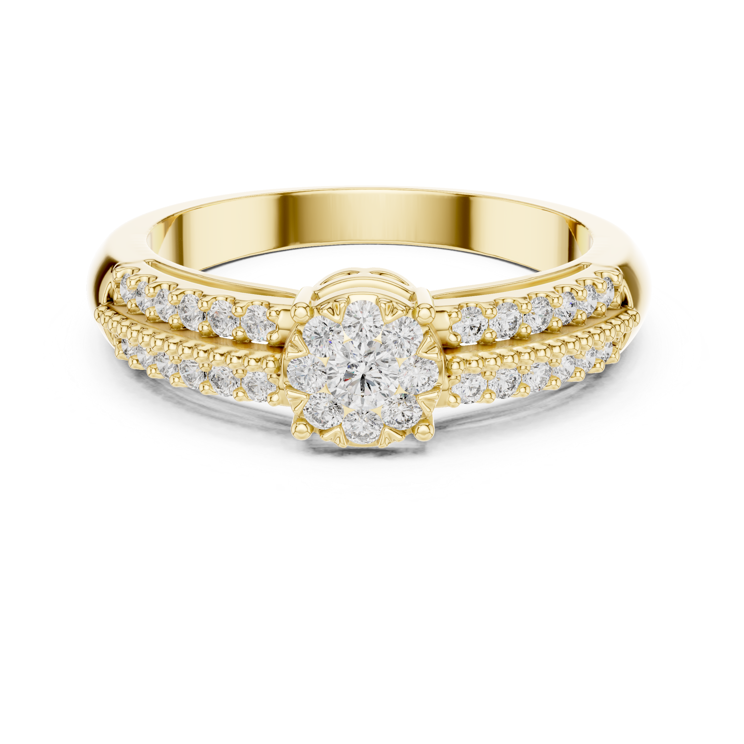 Diamond Cluster Engagement Ring with Double Pavé Split Band