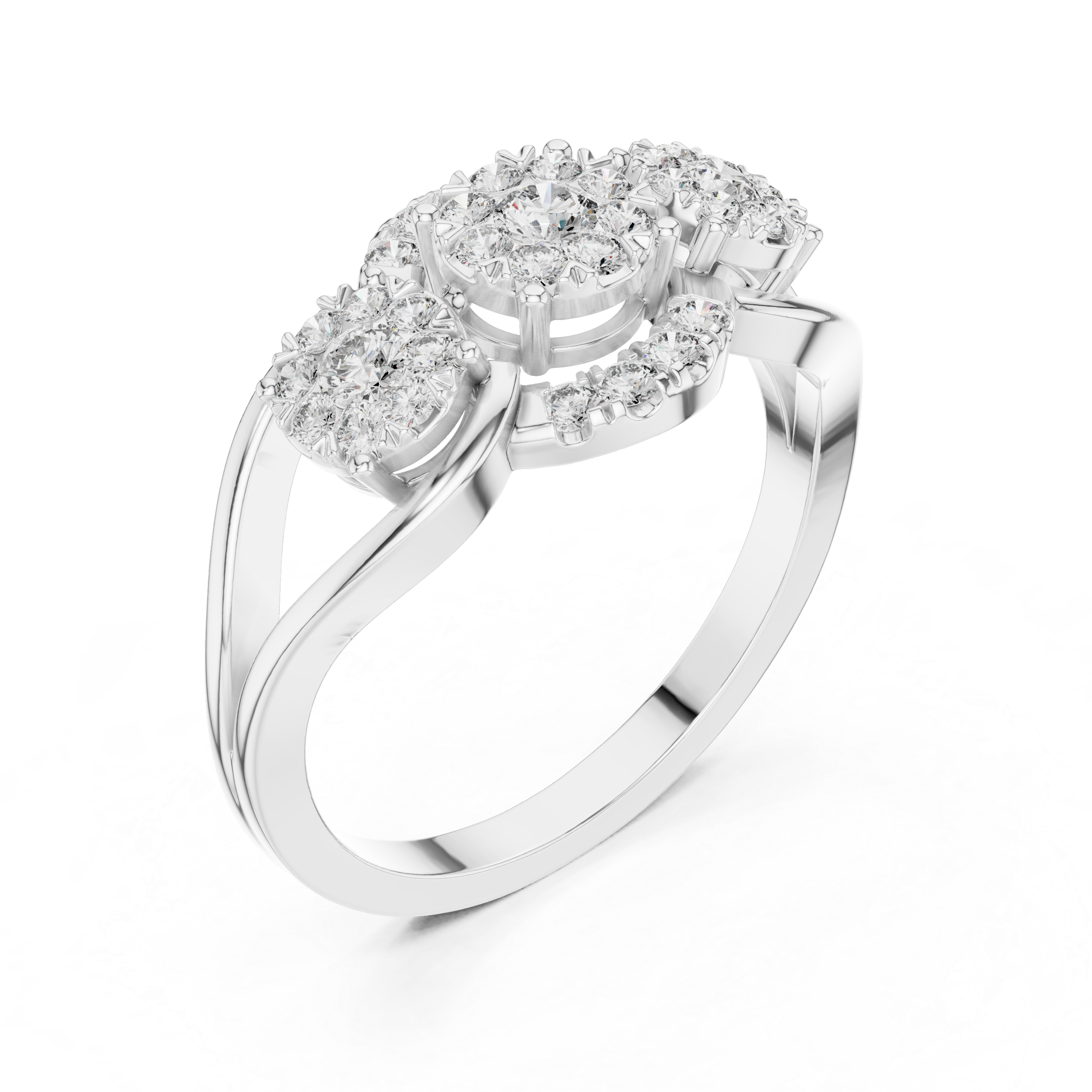 Three-Stone Diamond Cluster Engagement Ring with Floral Halo Design