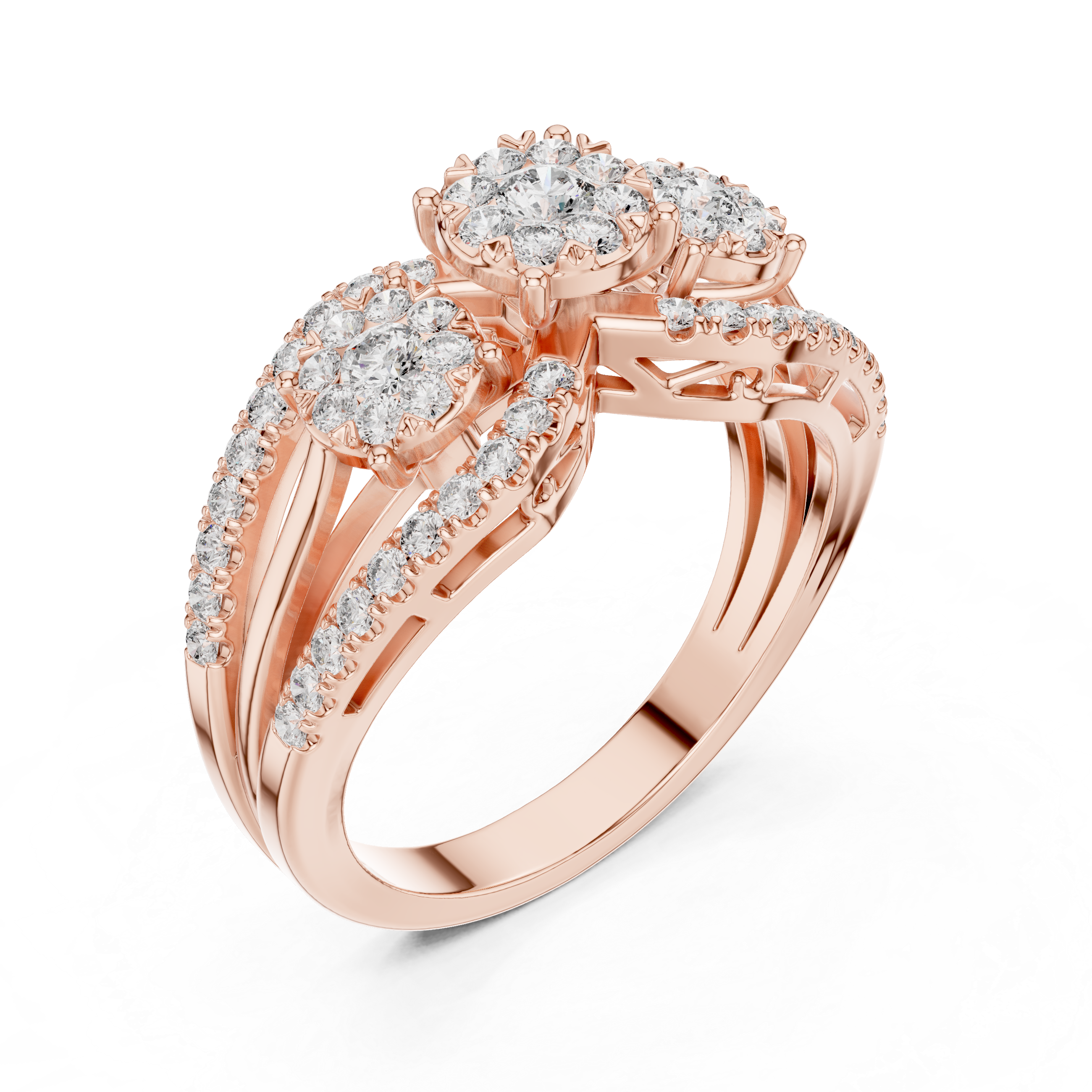 Three-Stone Diamond Cluster Engagement Ring with Split Shank Pavé Band